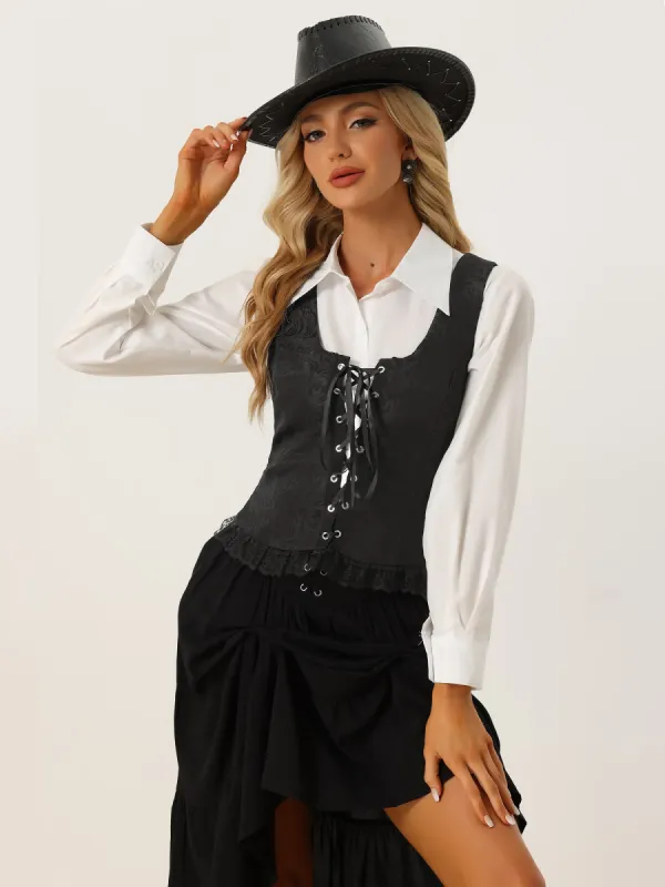 Gothic Jacquard Lace Up Vest U Neck Sleeveless Vintage Corset Top sold by Allegra K