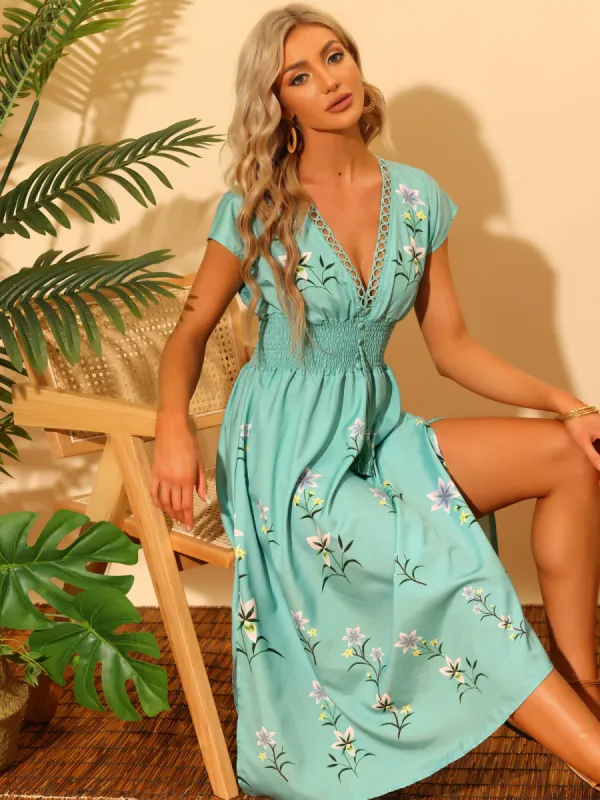 Deep V Neck Boho Floral Smocked Waist Midi Dress sold by Allegra K