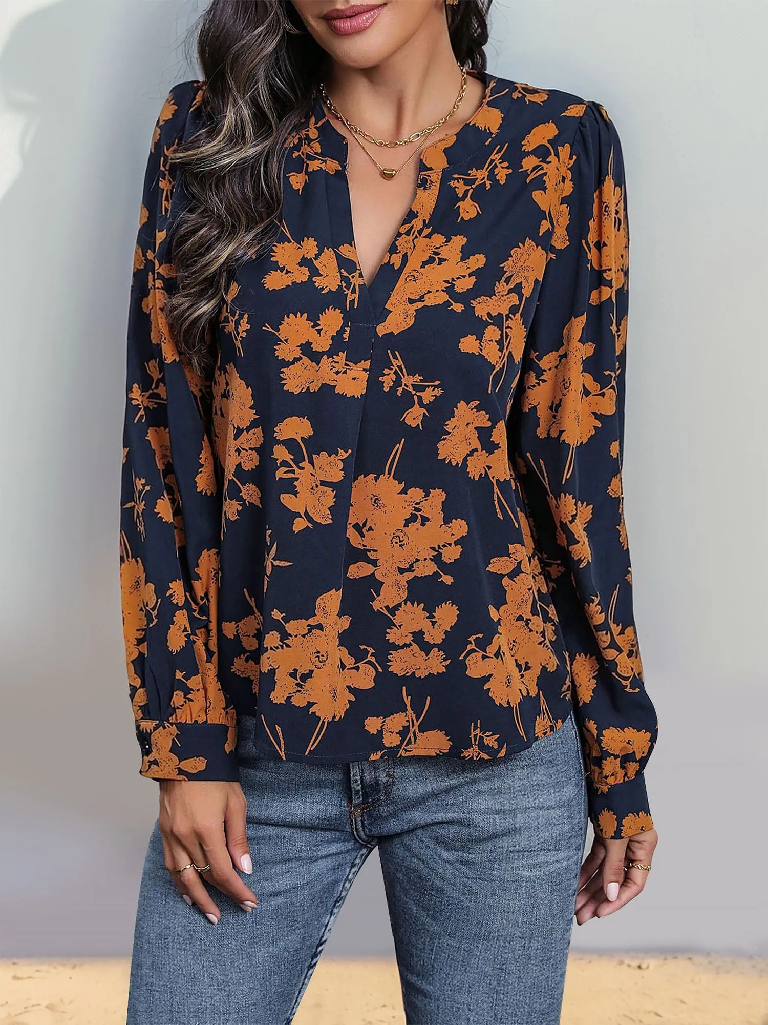 Floral Long Sleeves Notch Neck Casual Blouse sold by Allegra K product image thumbnail 5