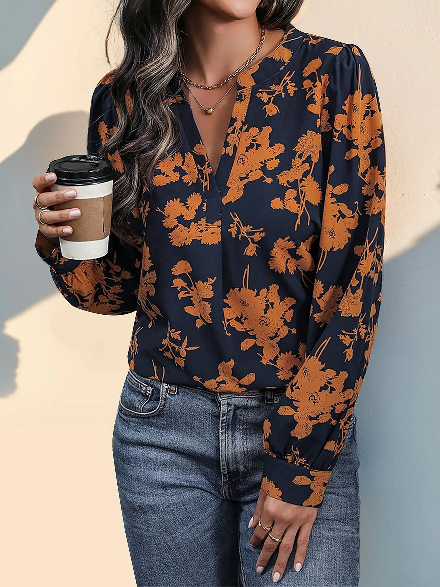 Floral Long Sleeves Notch Neck Casual Blouse sold by Allegra K product image thumbnail 4