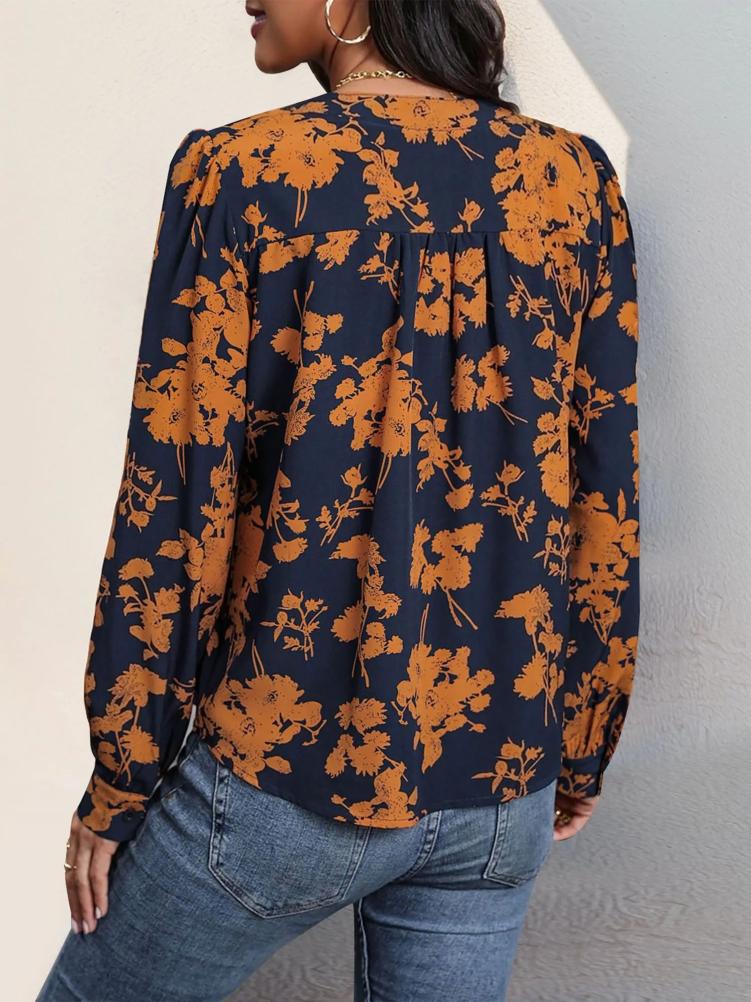 Floral Long Sleeves Notch Neck Casual Blouse sold by Allegra K product image thumbnail 2