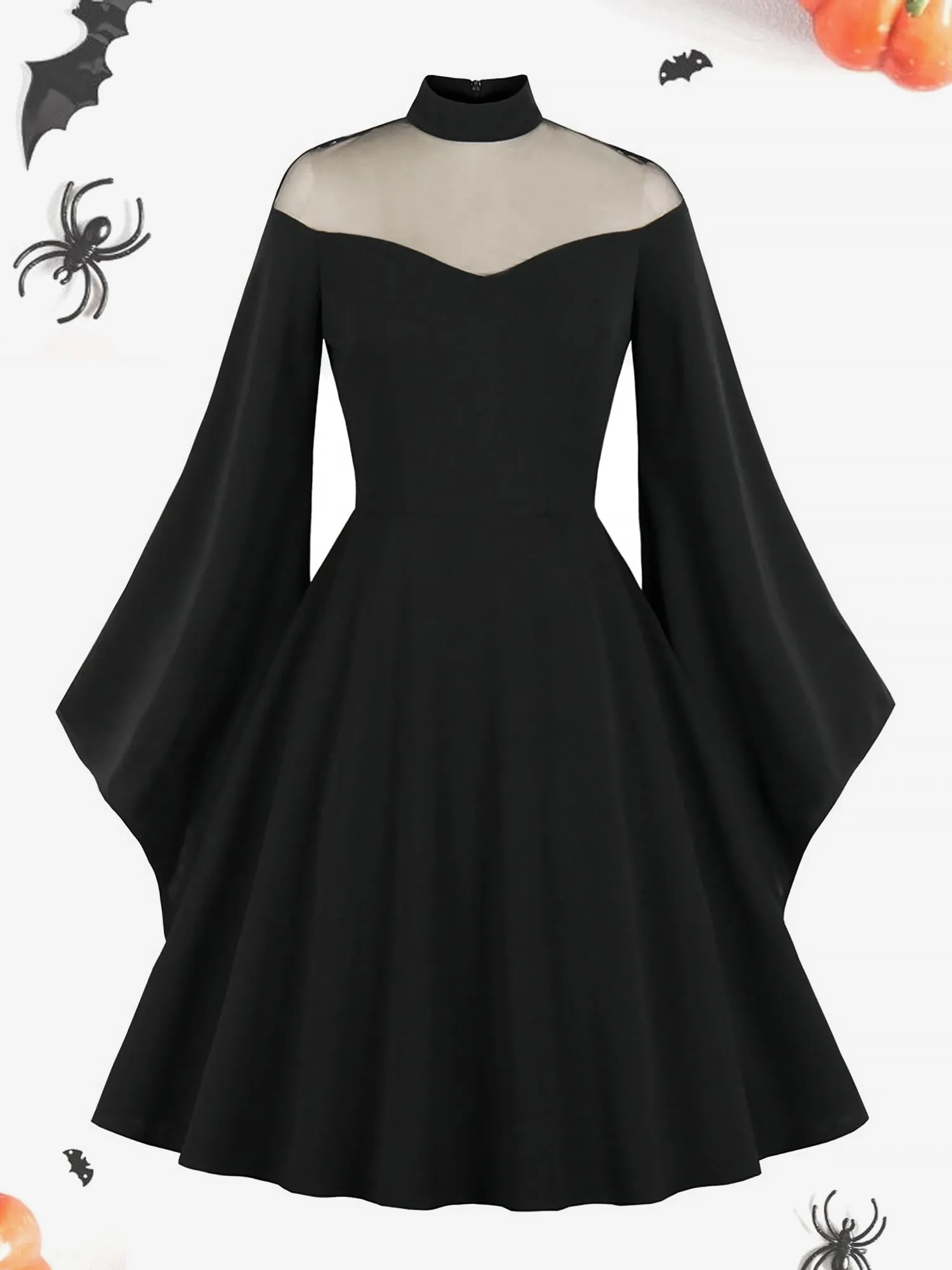 Halloween Mesh Illusion Neck Bell Sleeve Patchwork Midi Dress sold by Allegra K