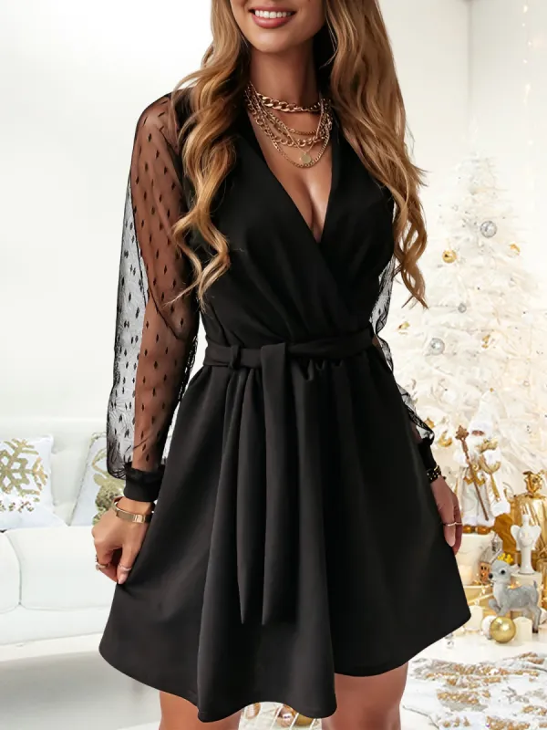Lace Long Sleeves Patchwork A-Line Belted Mini Dress made by Allegra K
