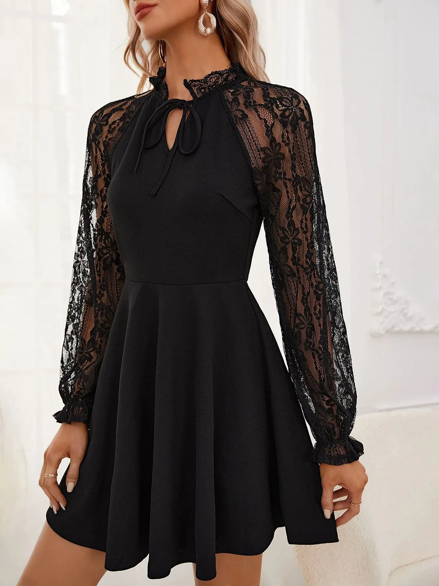 Elegant Floral Lace Sheer Patchwork Long Sleeves A-Line Mini Dress sold by Allegra K product image thumbnail 4