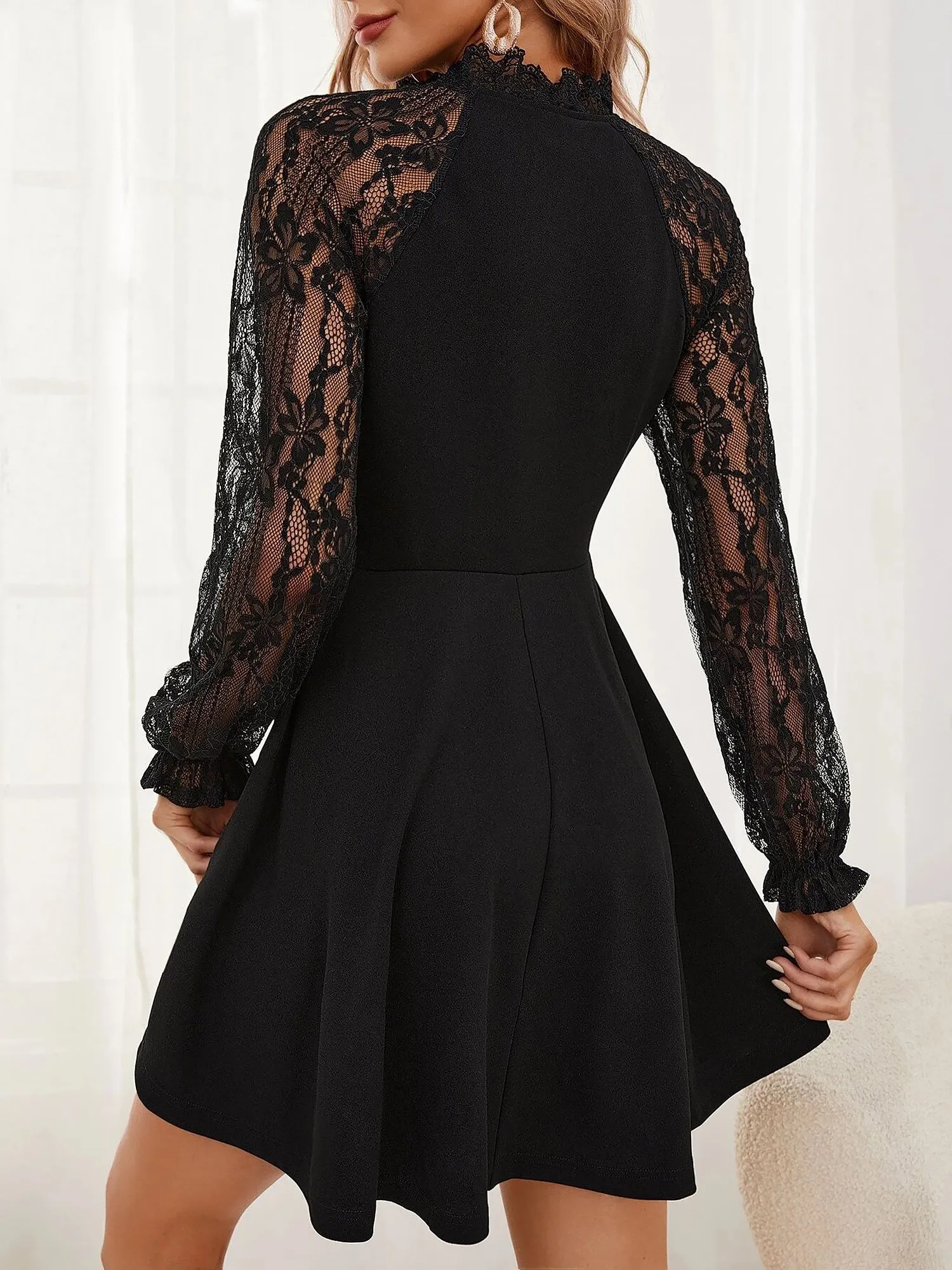 Elegant Floral Lace Sheer Patchwork Long Sleeves A-Line Mini Dress sold by Allegra K product image thumbnail 2