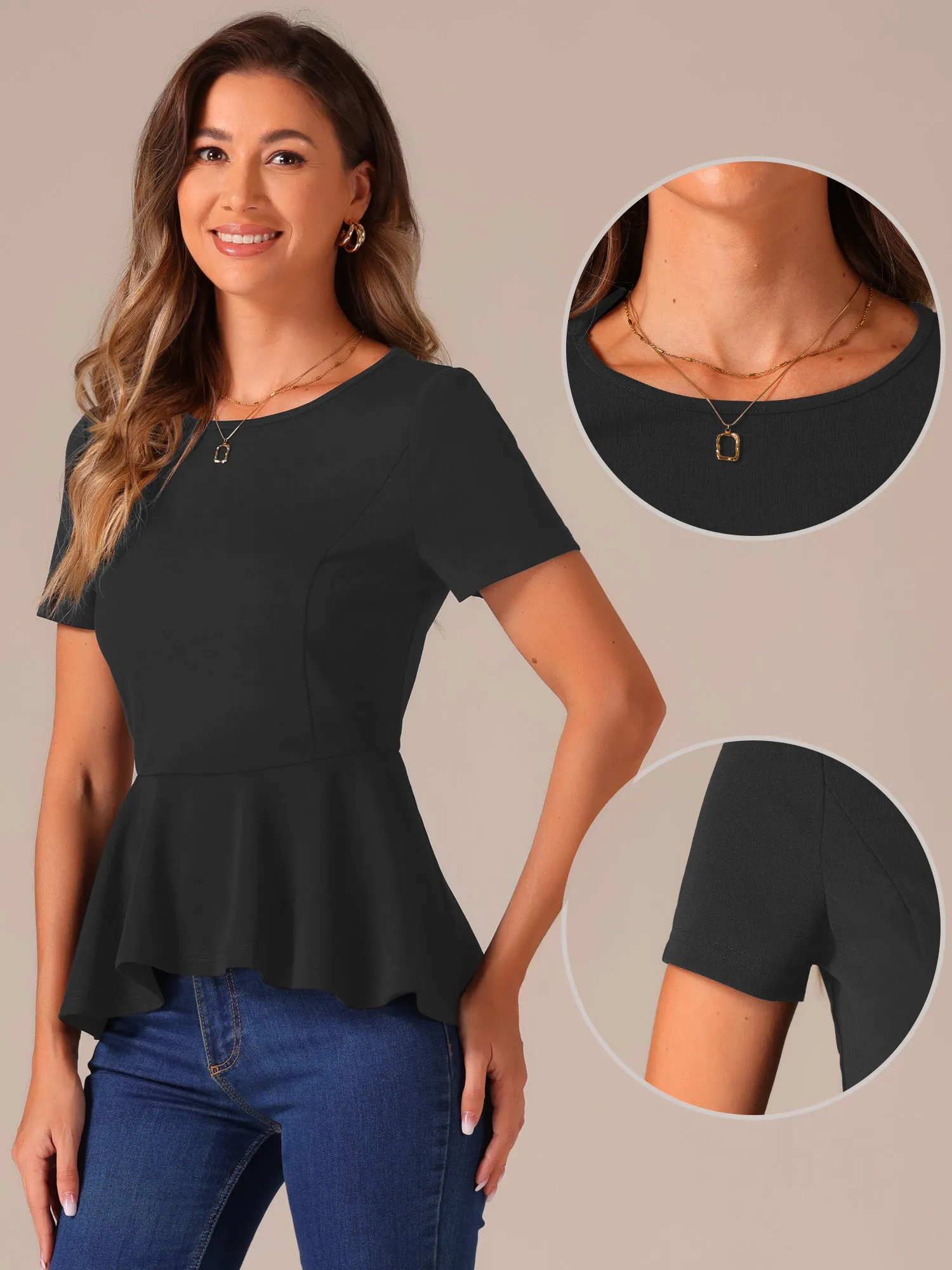 Short Sleeve Round Neck Solid Color Peplum Blouse sold by Allegra K product image thumbnail 5