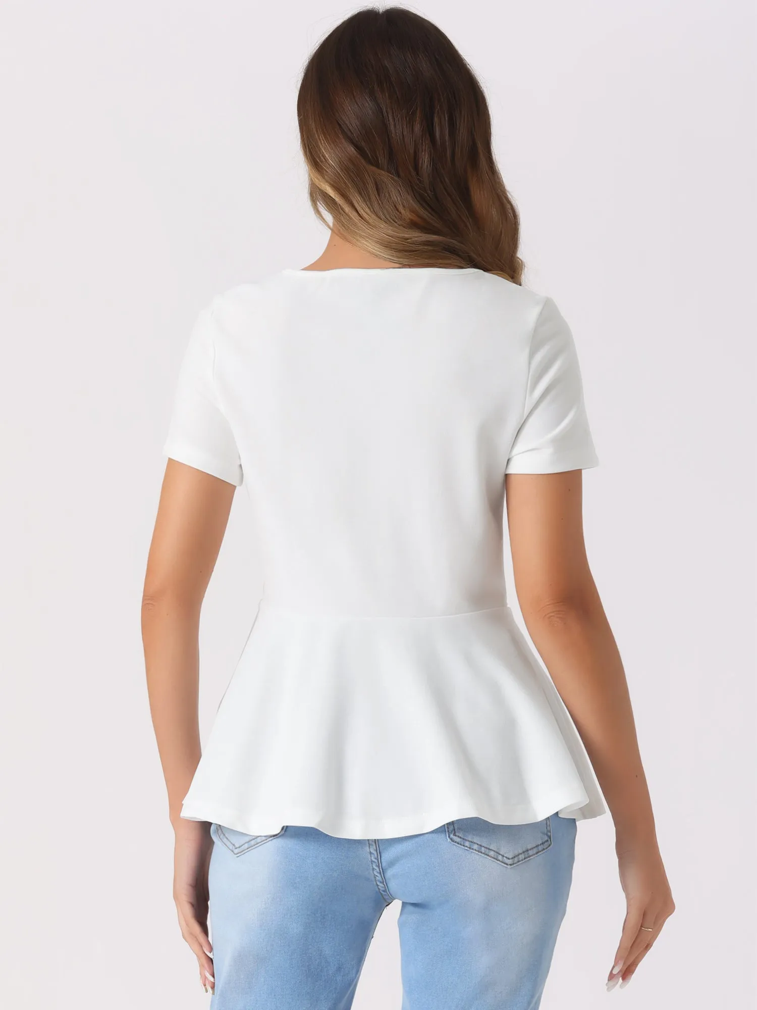 Short Sleeve Round Neck Solid Color Peplum Blouse sold by Allegra K product image thumbnail 2