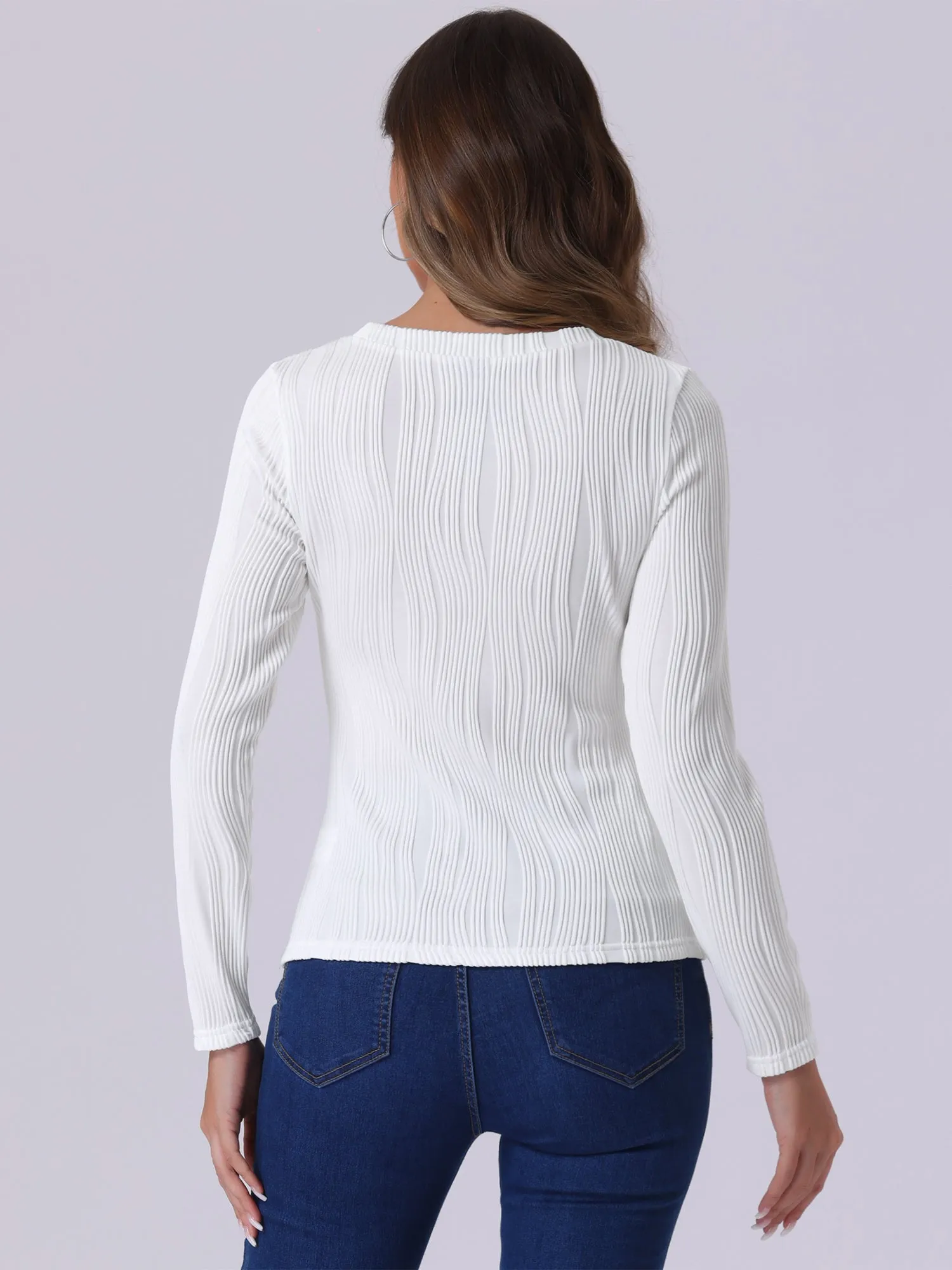 Long Sleeve Round Neck Textured Casual Blouse sold by Allegra K product image thumbnail 2