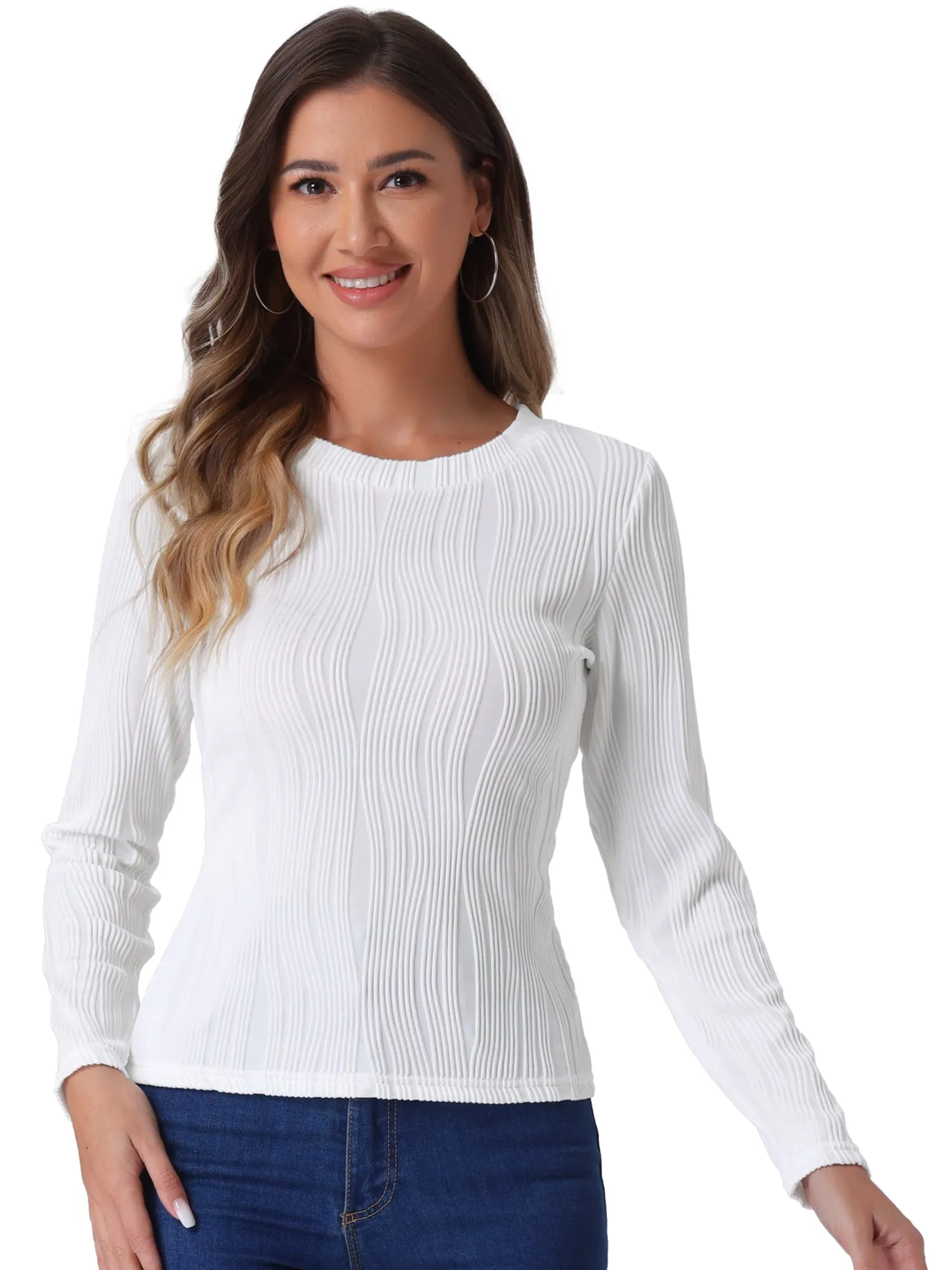 Long Sleeve Round Neck Textured Casual Blouse sold by Allegra K product image thumbnail 4