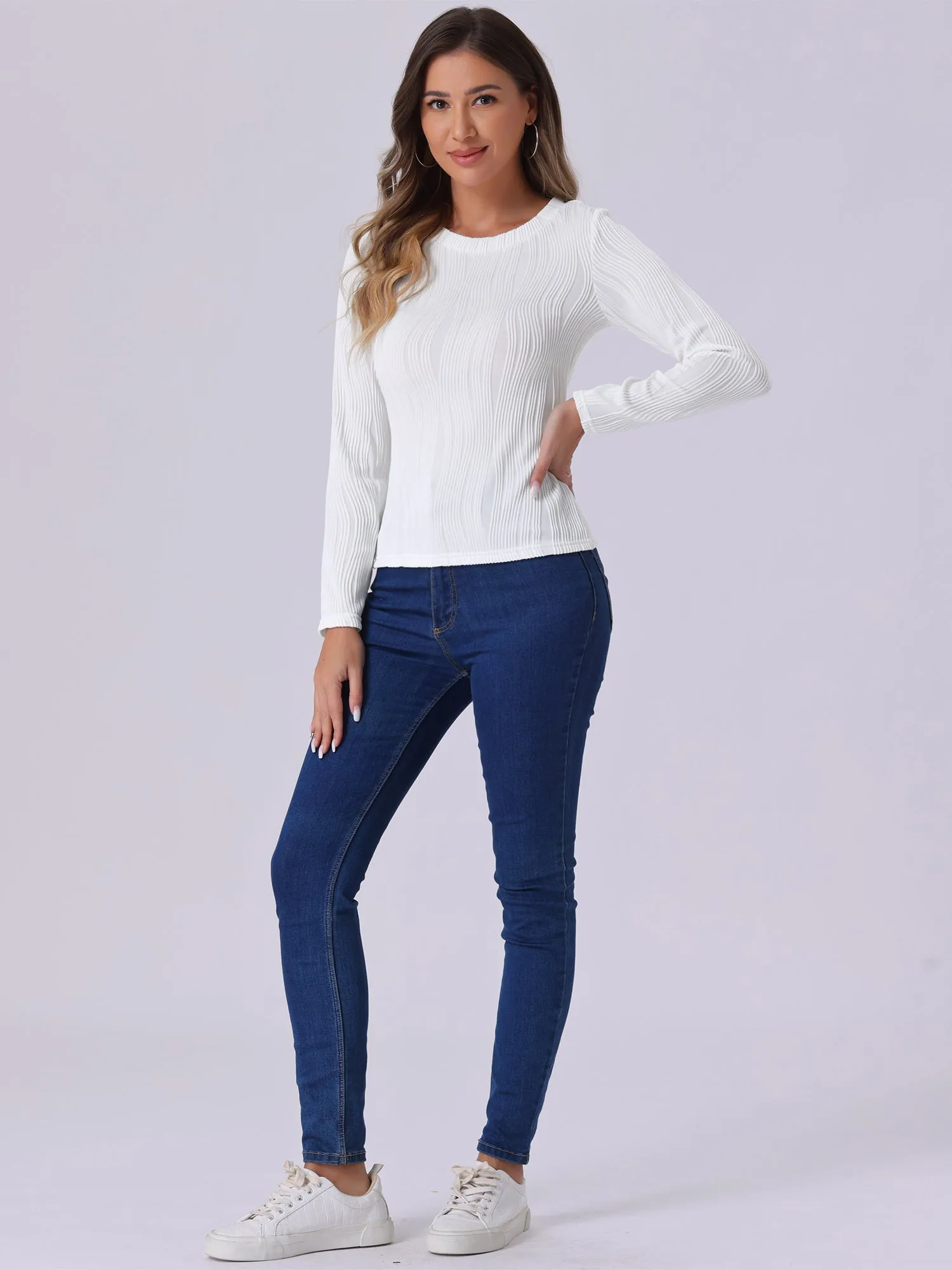 Long Sleeve Round Neck Textured Casual Blouse sold by Allegra K product image thumbnail 3