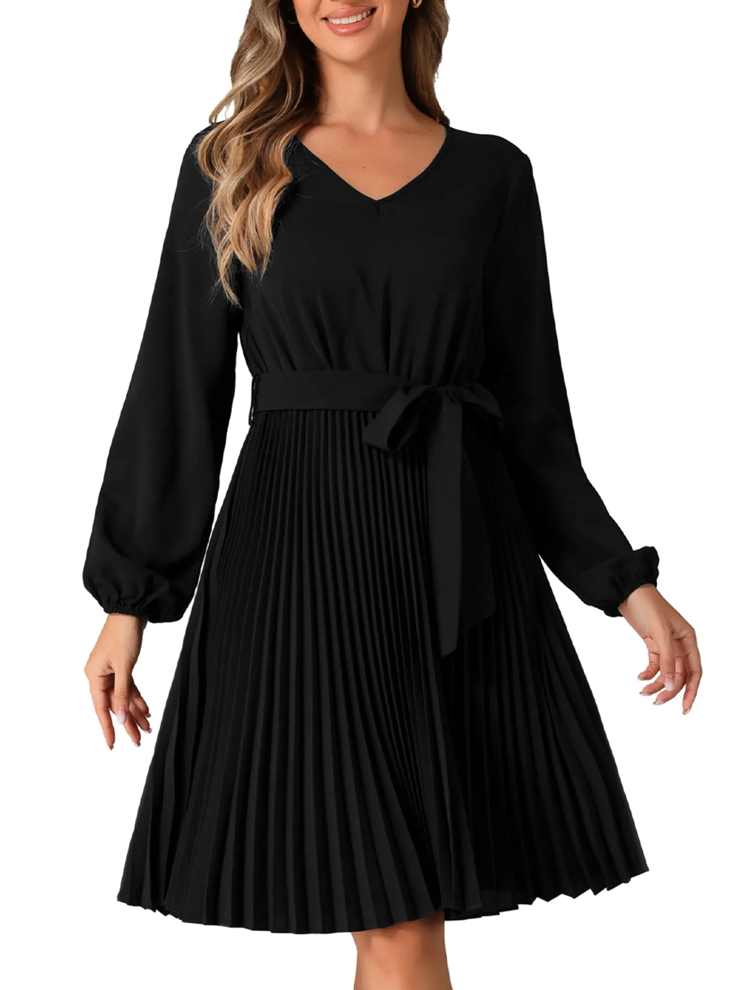 Tie Waist V Neck Long Sleeve A-Line Pleated Midi Sweater Dress sold by Allegra K product image thumbnail 5