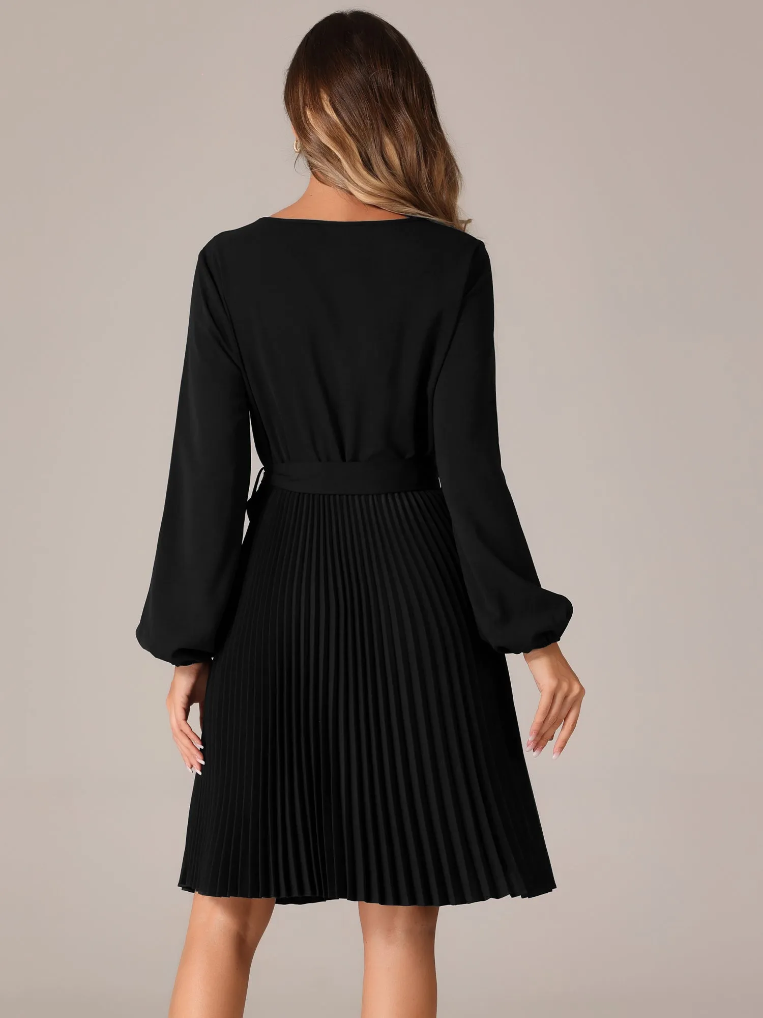 Tie Waist V Neck Long Sleeve A-Line Pleated Midi Sweater Dress sold by Allegra K product image thumbnail 3