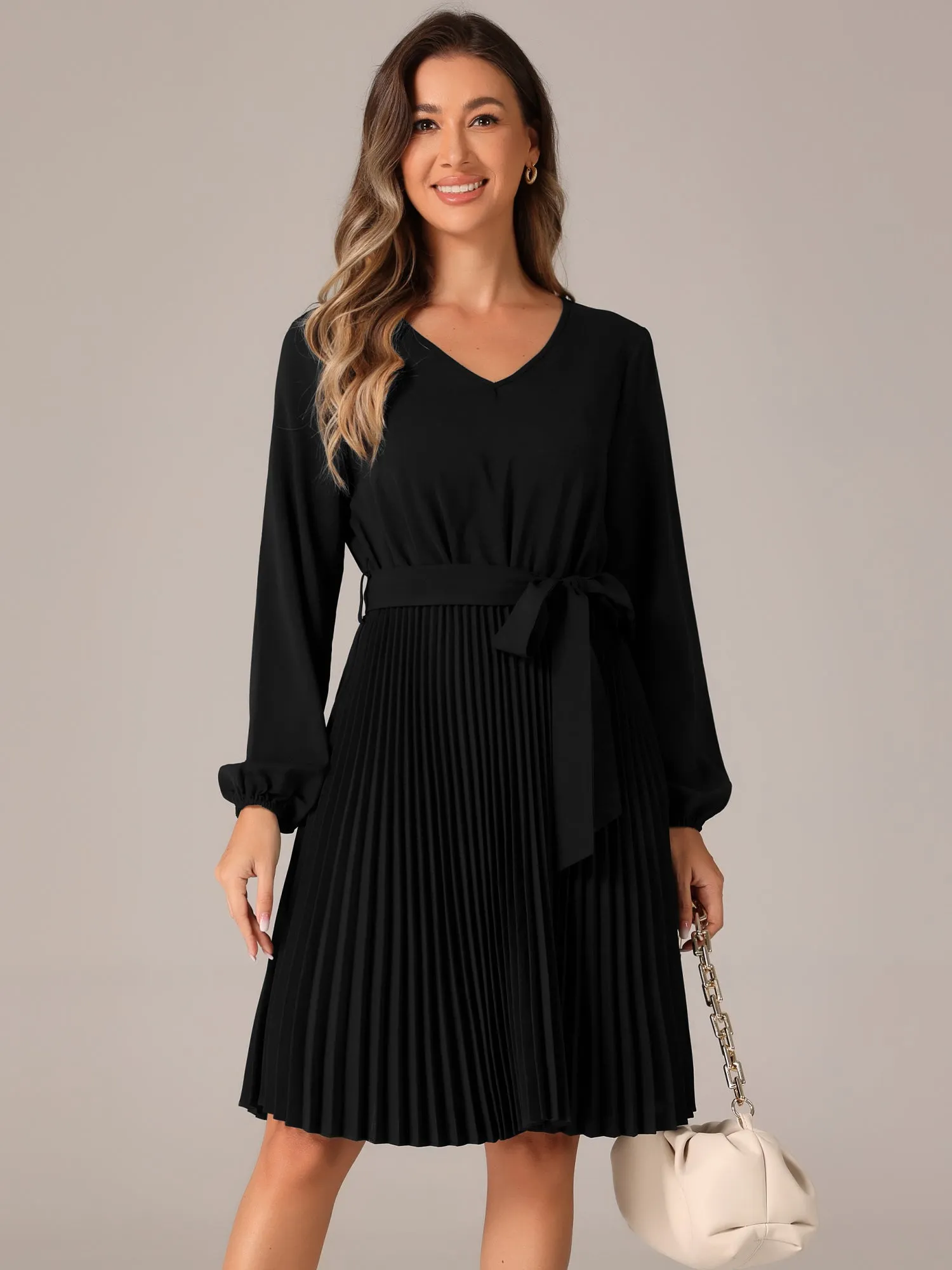 Tie Waist V Neck Long Sleeve A-Line Pleated Midi Sweater Dress sold by Allegra K