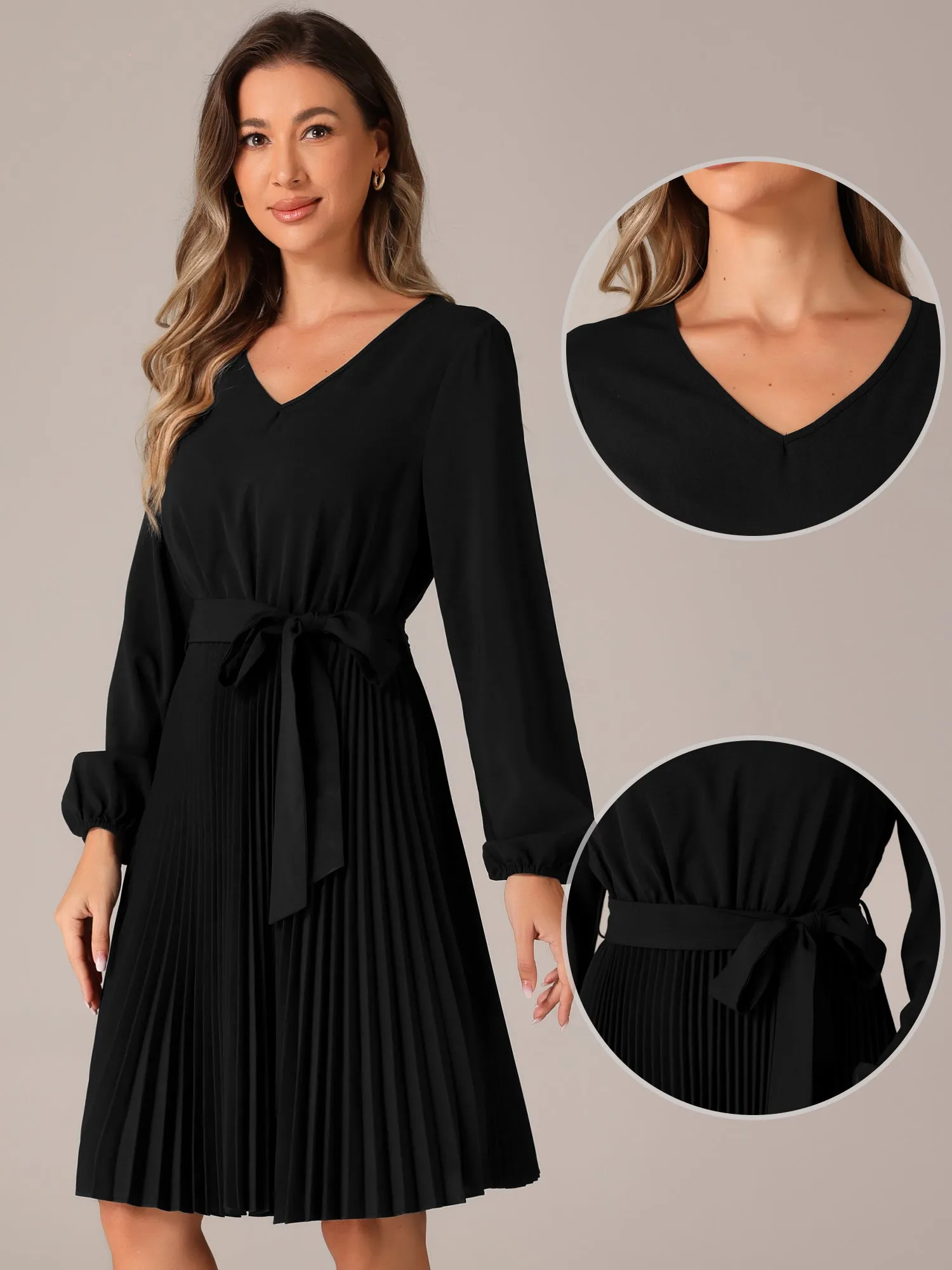 Tie Waist V Neck Long Sleeve A-Line Pleated Midi Sweater Dress sold by Allegra K product image thumbnail 2