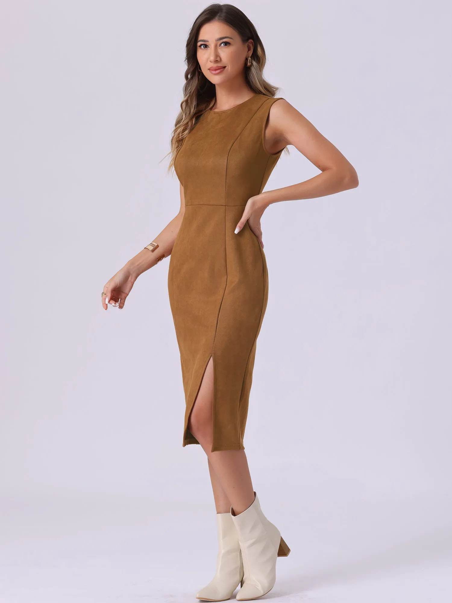 Faux Suede Sleeveless Crew Neck Slit Sheath Midi Dress sold by Allegra K