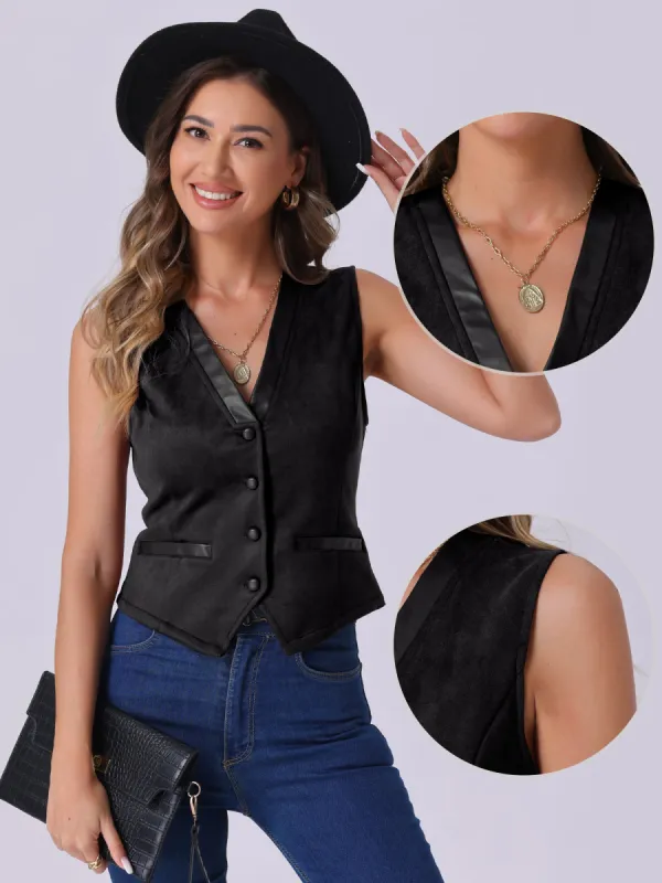 V Neck Faux Suede Button Down Vintage Sleeveless Casual Vest sold by Allegra K