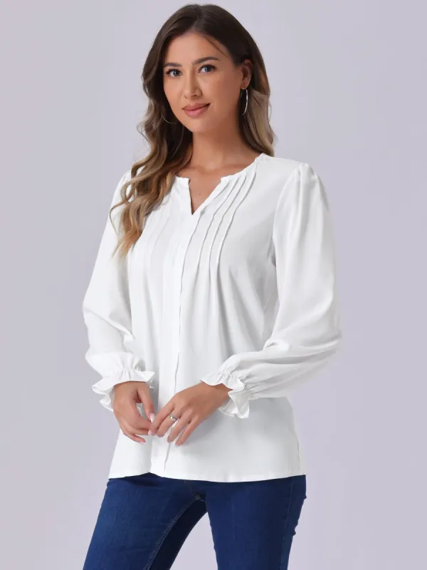 Notch Neck Pleated Long Sleeve Casual Blouse sold by Allegra K