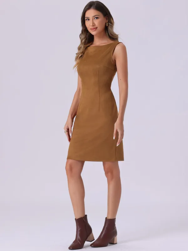 Faux Suede Boat Neck Sleeveless Sheath Midi Dress sold by Allegra K