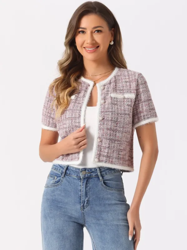 Crew Neck Short Sleeve Cropped Tweed Jacket sold by Allegra K