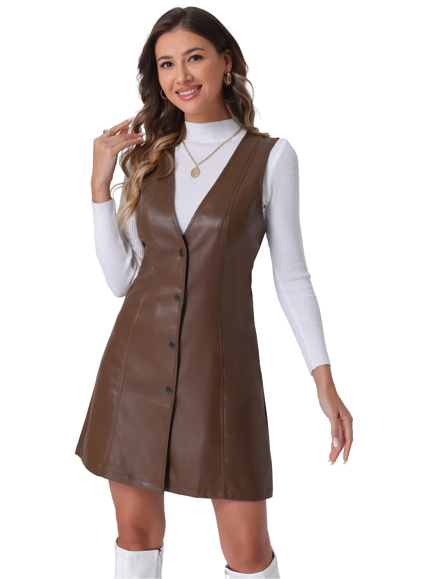 Faux Leather Button Down V Neck Sleeveless Mini Overall Pinafore Dress sold by Allegra K product image thumbnail 4