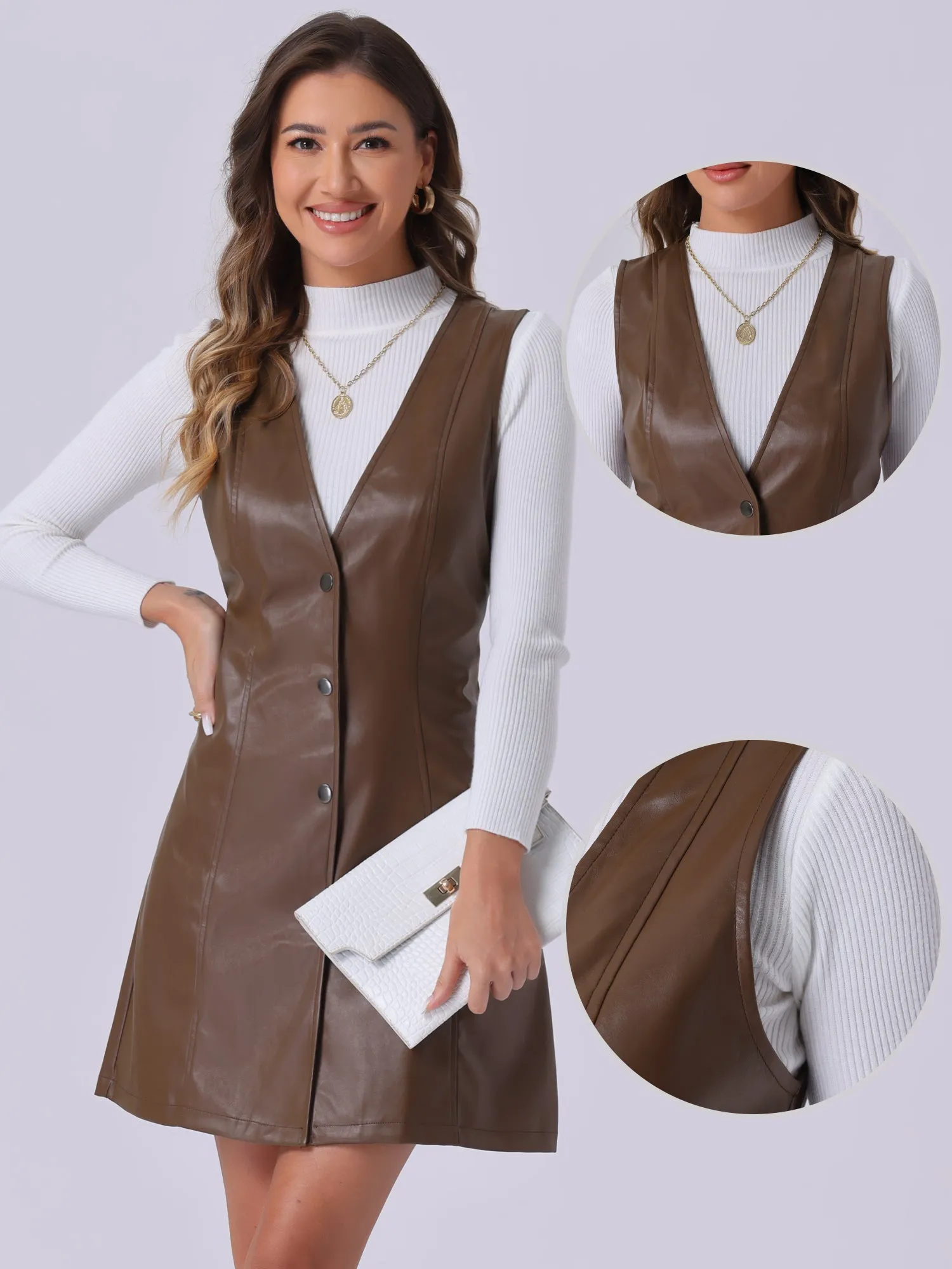 Faux Leather Button Down V Neck Sleeveless Mini Overall Pinafore Dress sold by Allegra K product image thumbnail 2