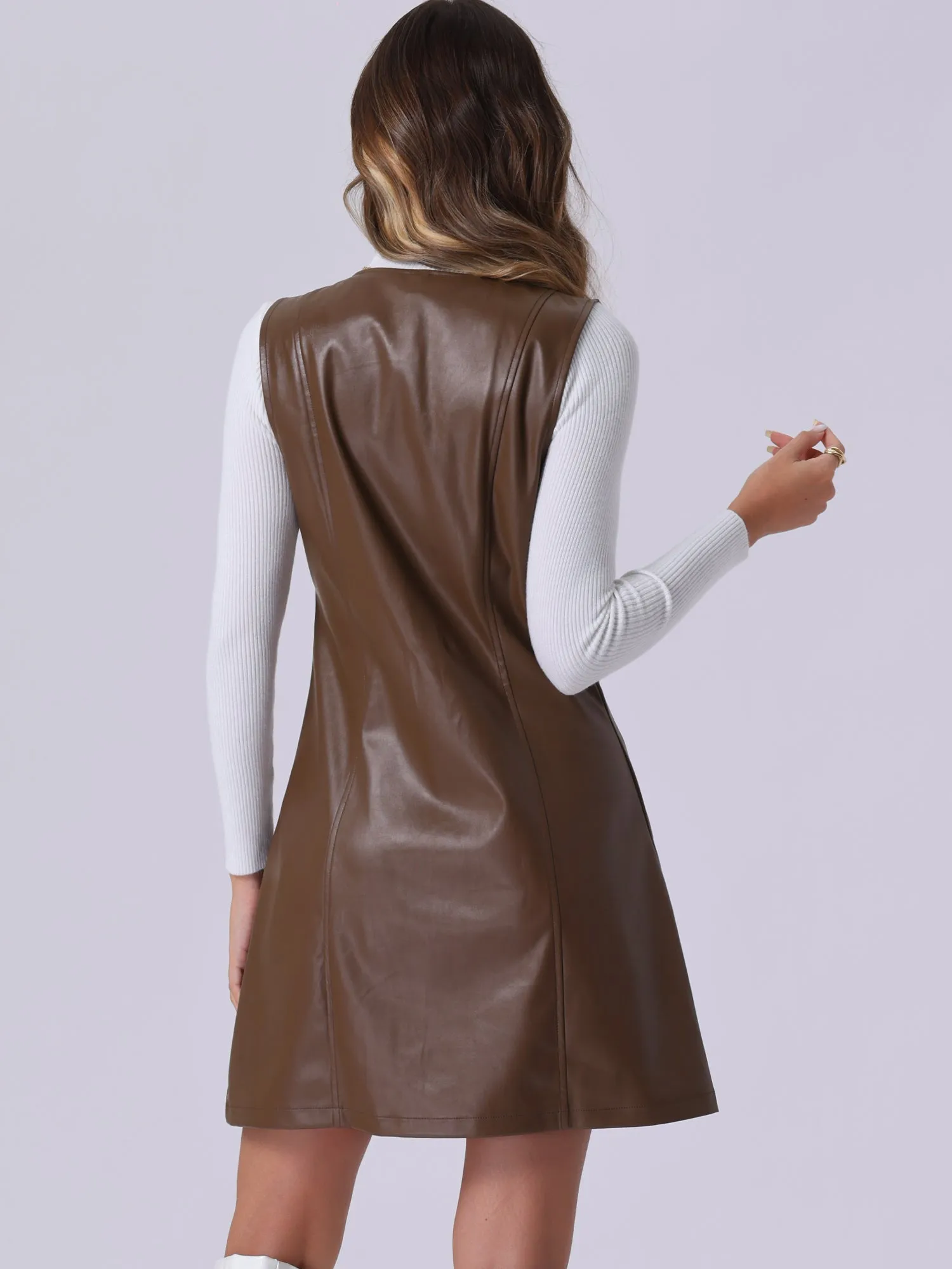 Faux Leather Button Down V Neck Sleeveless Mini Overall Pinafore Dress sold by Allegra K product image thumbnail 3