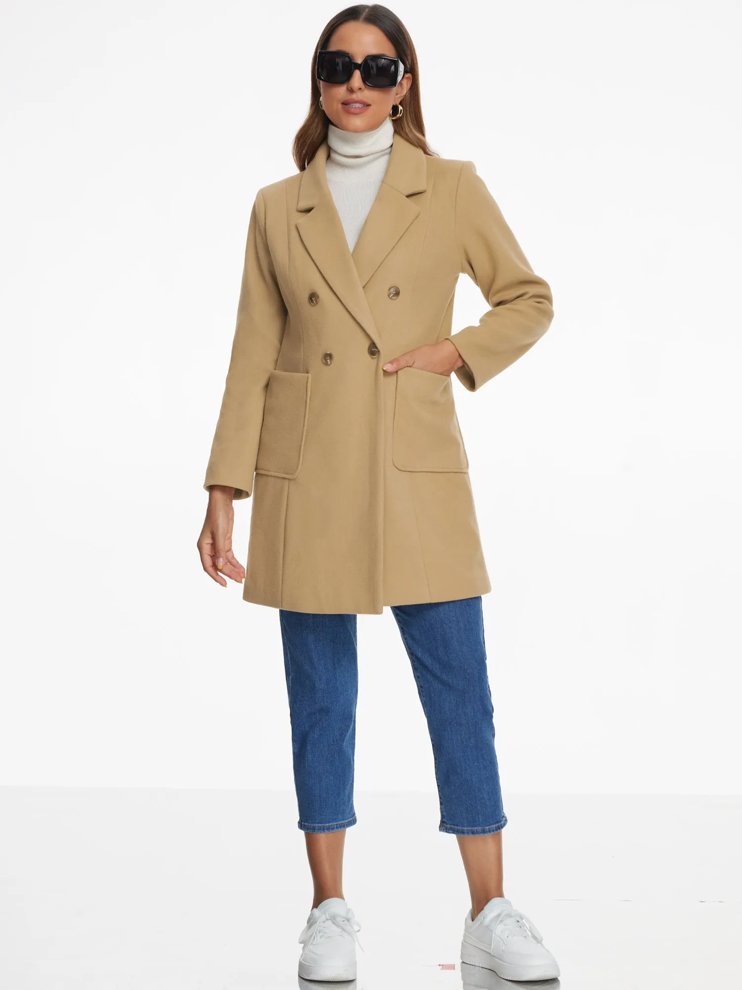 Notch Lapel Double Breasted Long Sleeves Winter Pea Coat sold by Allegra K