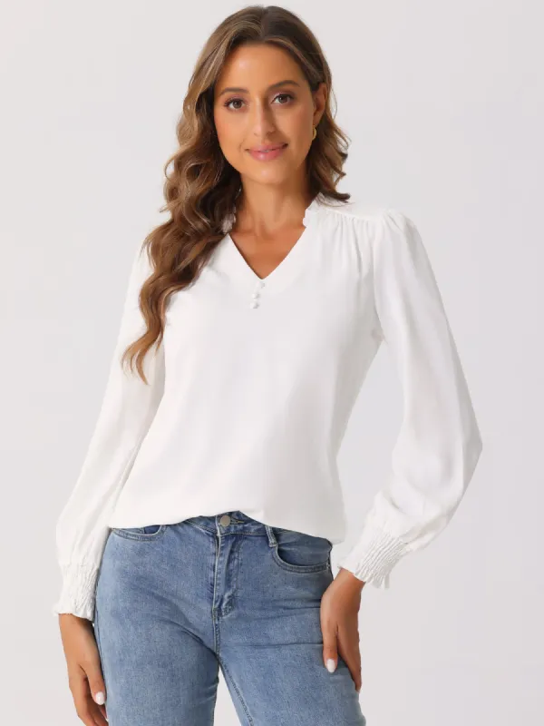 V Neck Ruffle Collar Puff Smock Long Sleeve Vintage Blouse sold by Allegra K