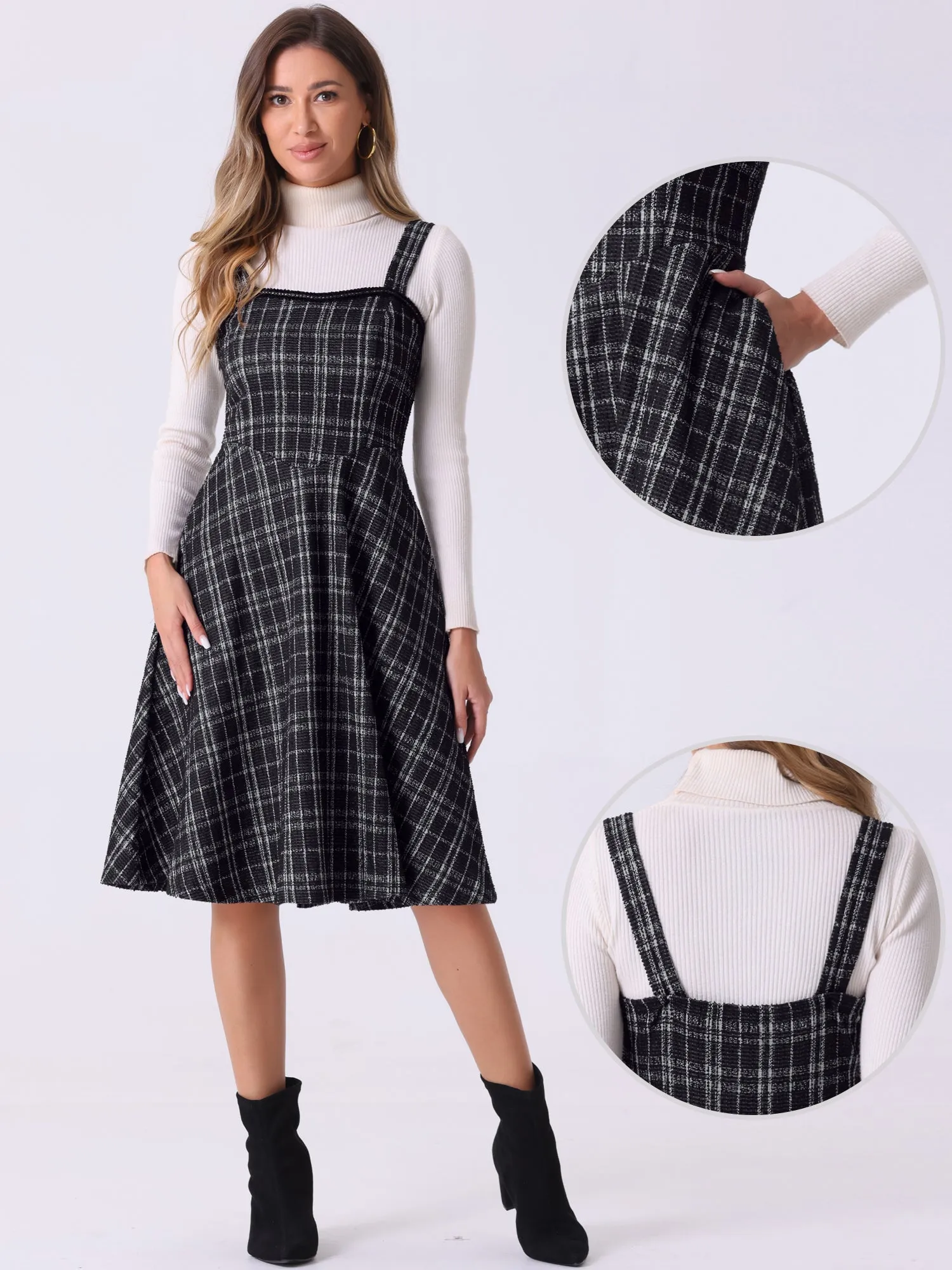Tweed Plaid Sleeveless Pockets A-Line Pinafore Overall Dress sold by Allegra K product image thumbnail 2