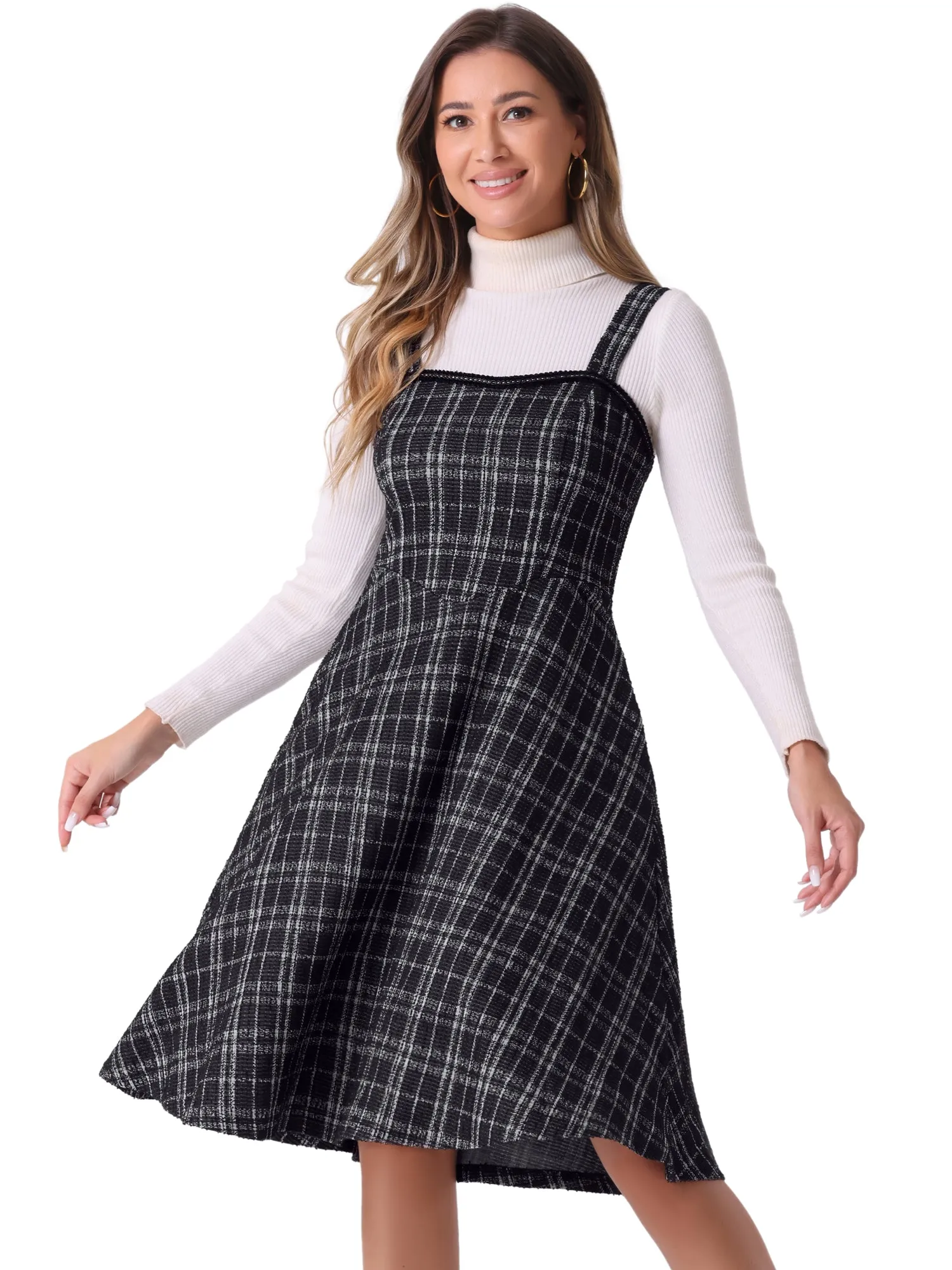 Tweed Plaid Sleeveless Pockets A-Line Pinafore Overall Dress sold by Allegra K product image thumbnail 5
