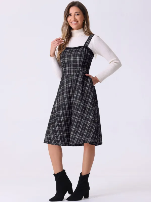 Tweed Plaid Sleeveless Pockets A-Line Pinafore Overall Dress sold by Allegra K