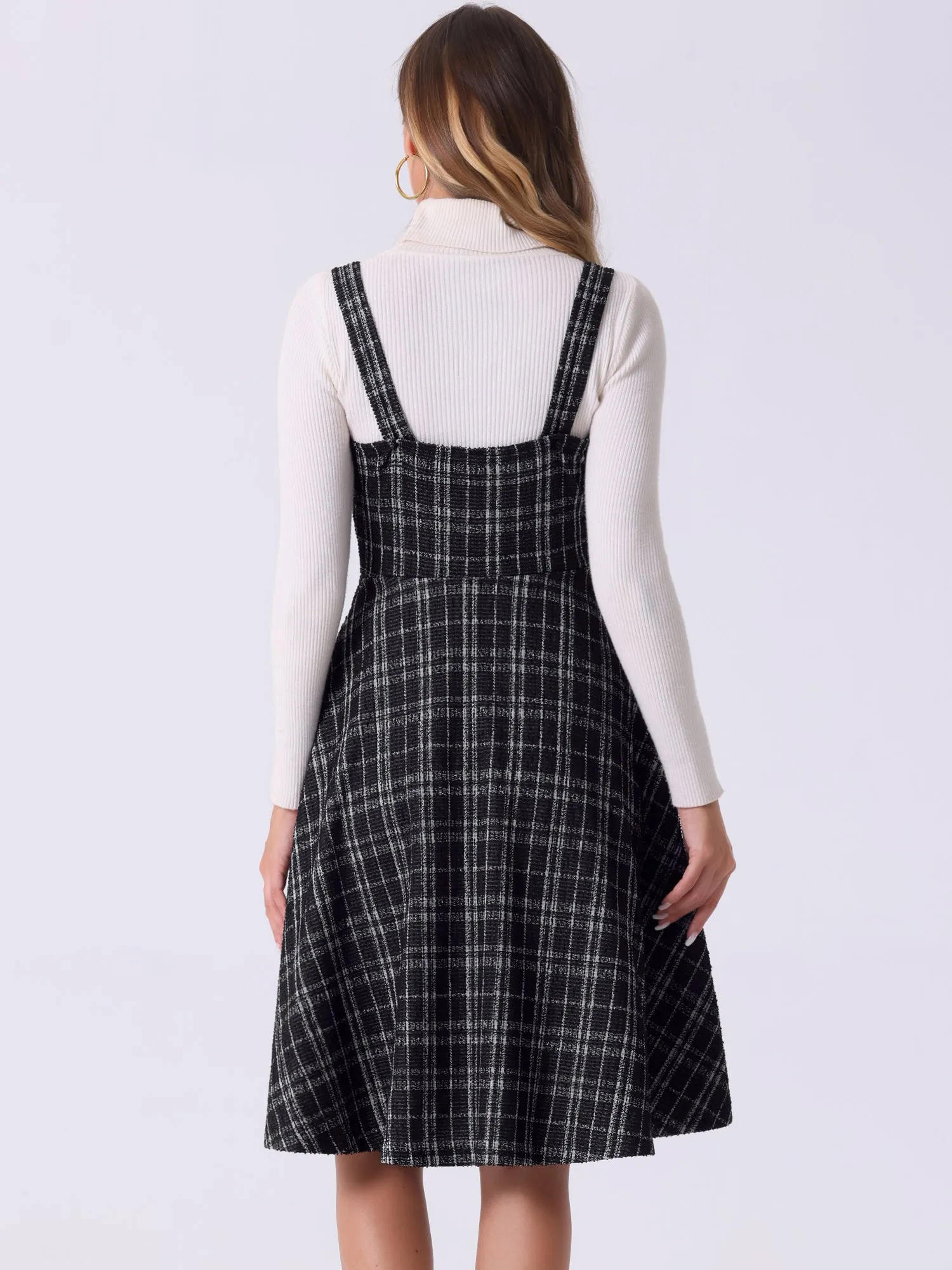 Tweed Plaid Sleeveless Pockets A-Line Pinafore Overall Dress sold by Allegra K product image thumbnail 3