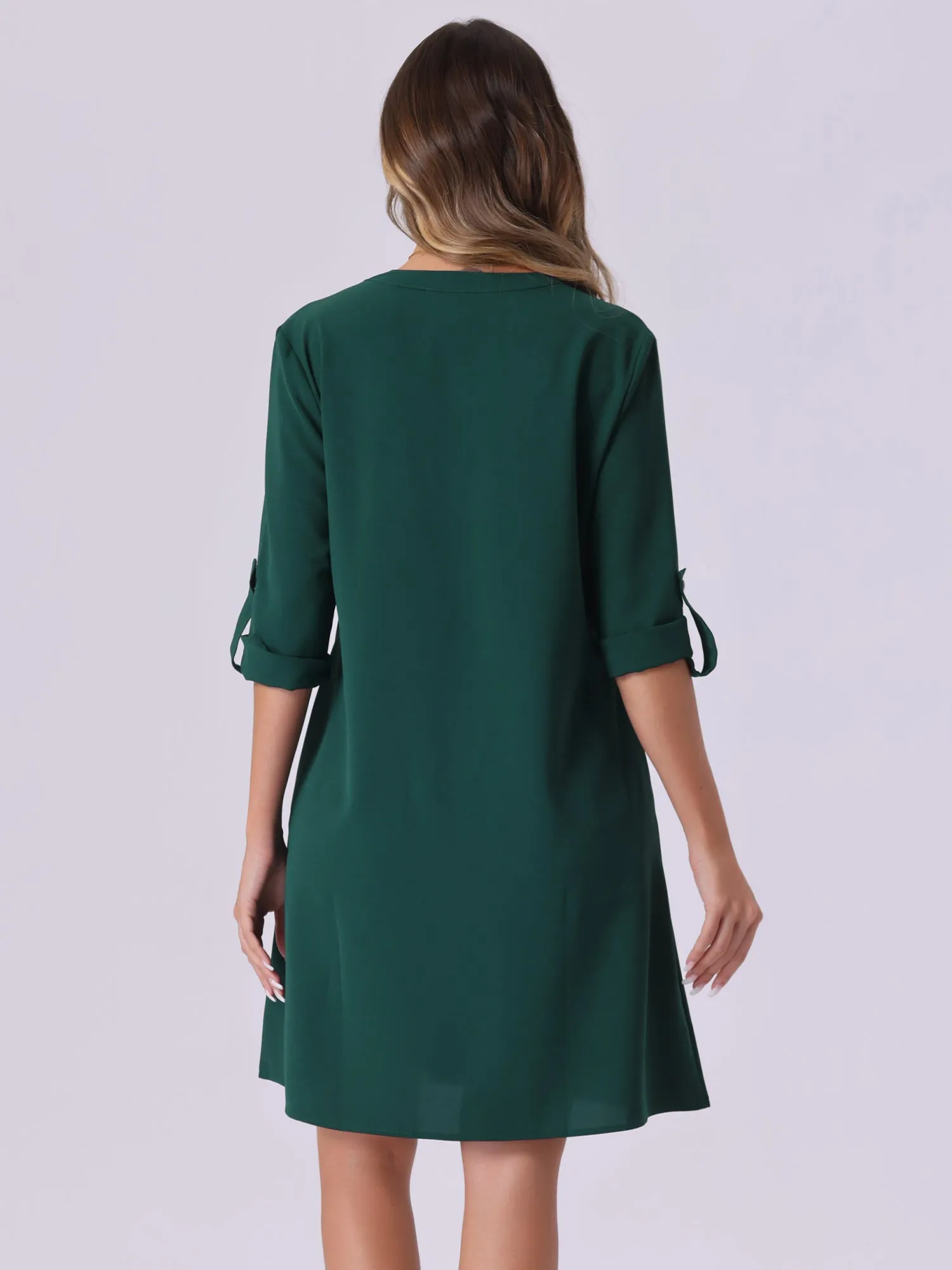 V Neck Roll-Up Sleeve Solid Color Casual Shift Dress sold by Allegra K product image thumbnail 3