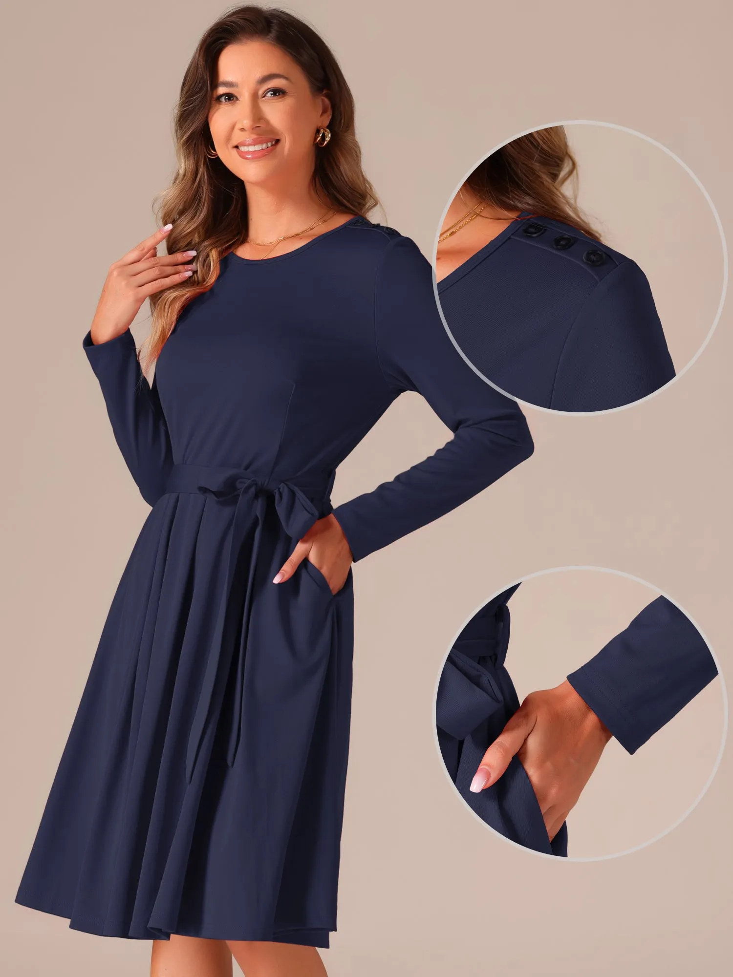 Solid Color Long Sleeve Belted Pockets A-Line Midi Dress sold by Allegra K product image thumbnail 2