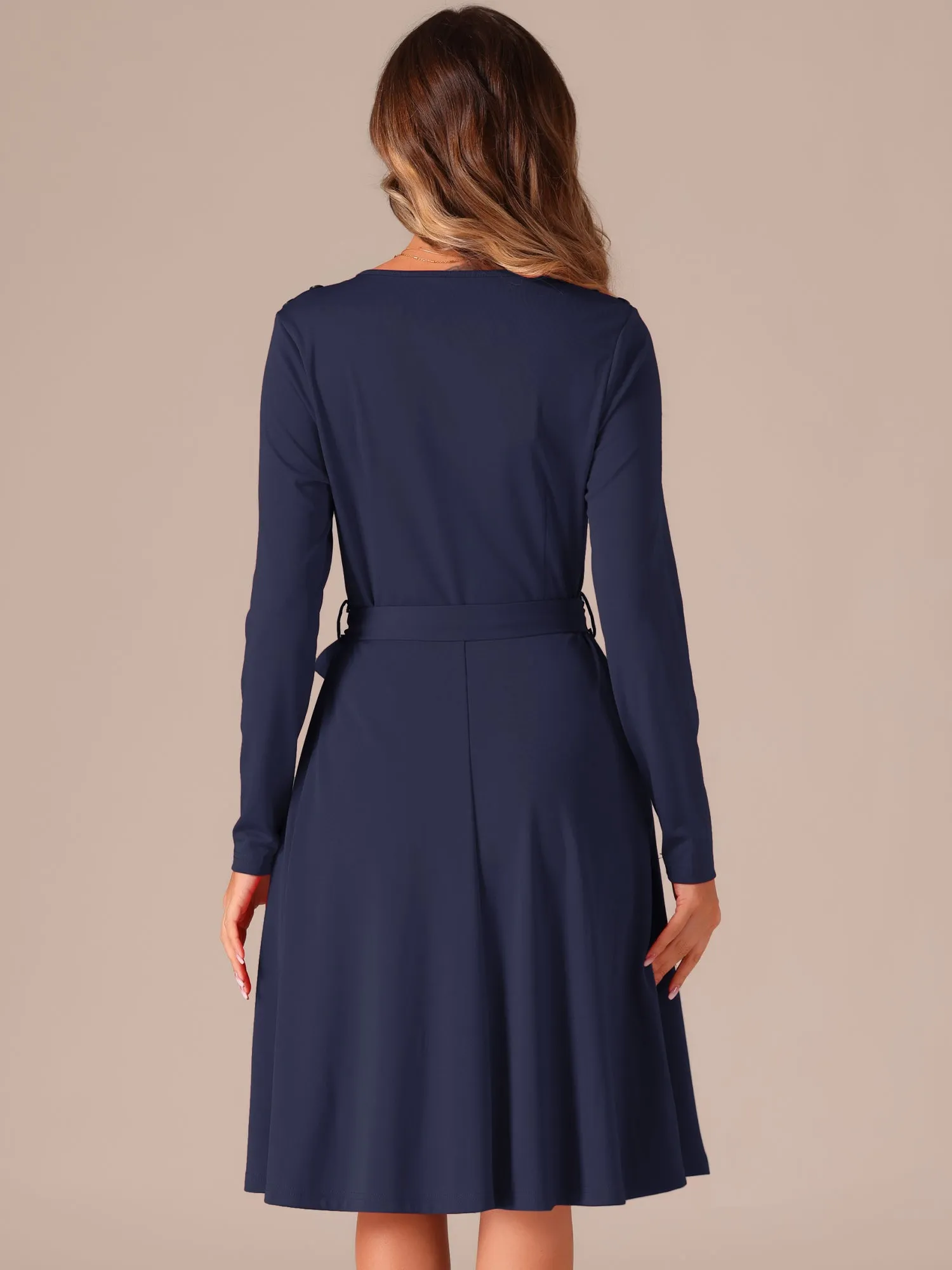 Solid Color Long Sleeve Belted Pockets A-Line Midi Dress sold by Allegra K product image thumbnail 3