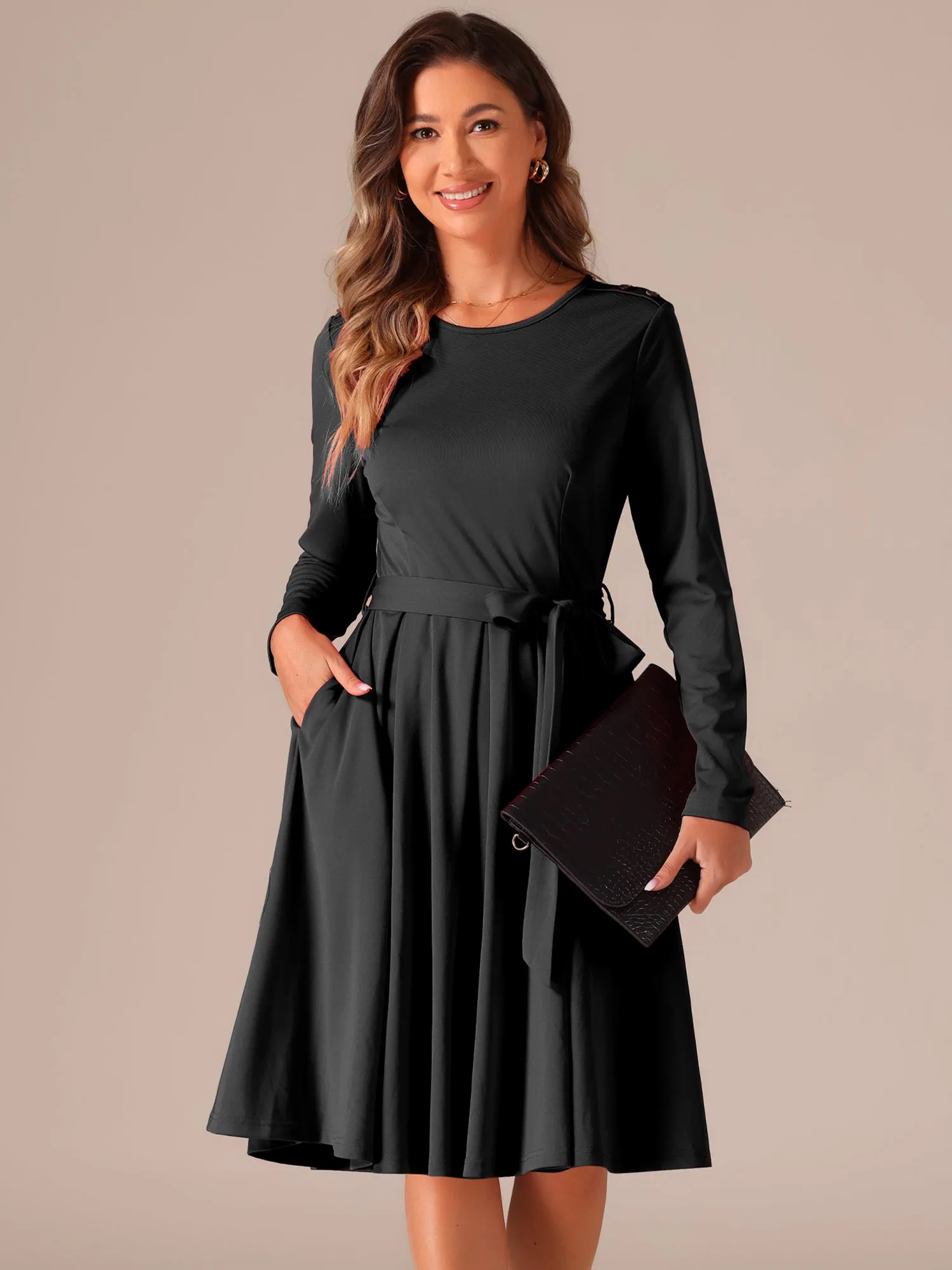 Solid Color Long Sleeve Belted Pockets A-Line Midi Dress sold by Allegra K product image thumbnail 5