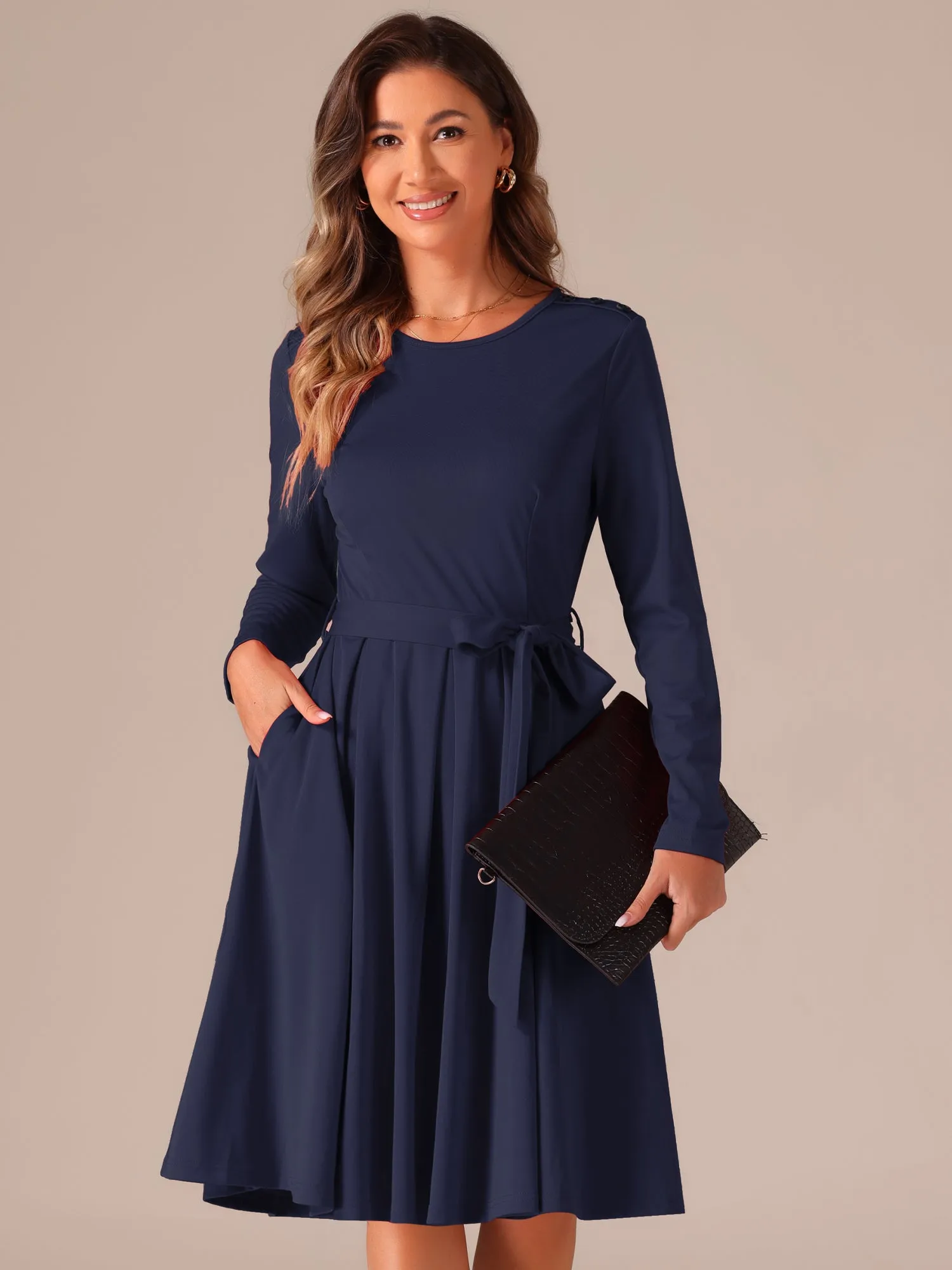 Solid Color Long Sleeve Belted Pockets A-Line Midi Dress sold by Allegra K