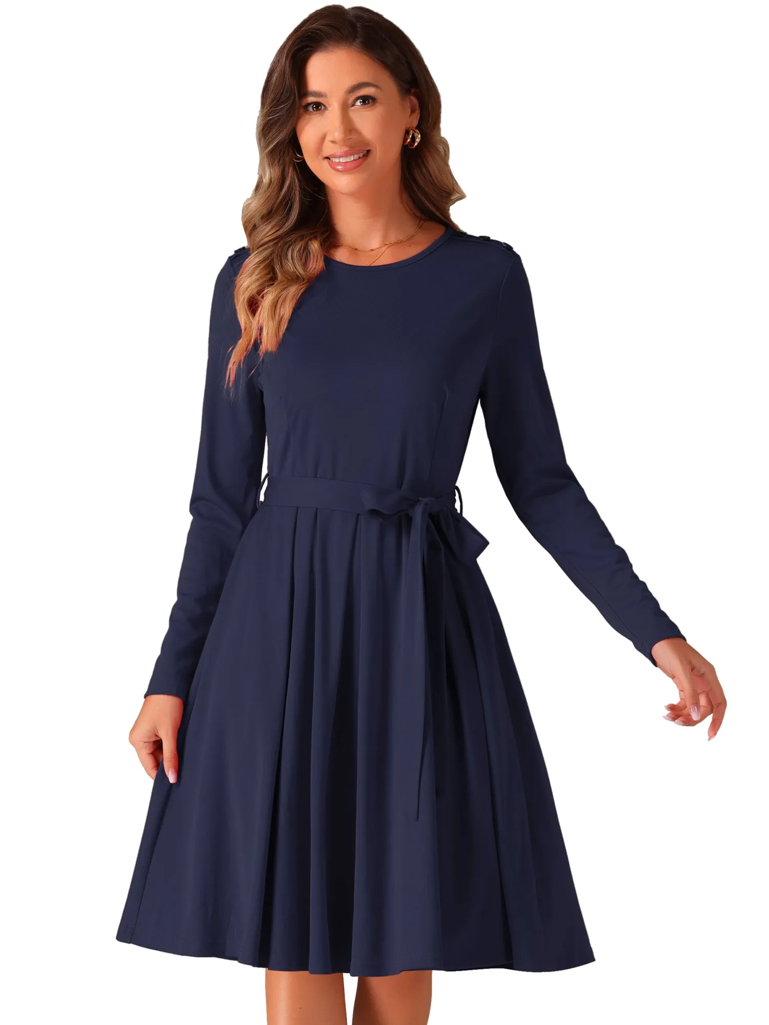 Solid Color Long Sleeve Belted Pockets A-Line Midi Dress sold by Allegra K product image thumbnail 4