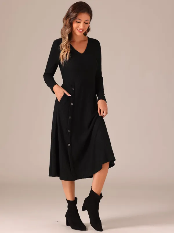 Long Sleeve Button Decor Pockets A-Line Midi Knit Sweater Dress sold by Allegra K