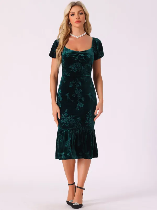 Velvet Floral Puff Sleeve Bodycon Fishtail Midi Dress sold by Allegra K