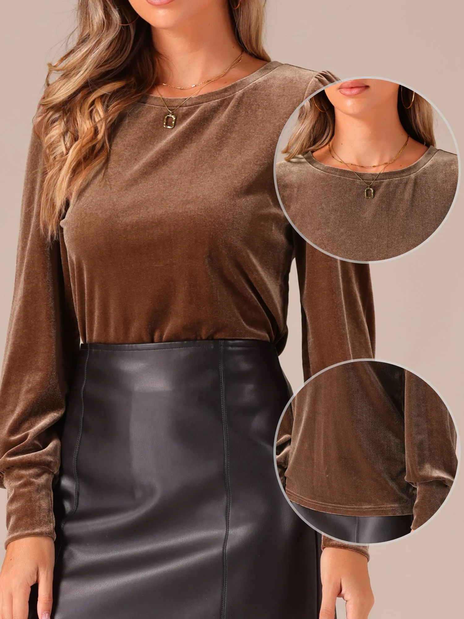 Velvet Round Neck Puff Long Sleeve Casual Pullover Blouse sold by Allegra K product image thumbnail 2