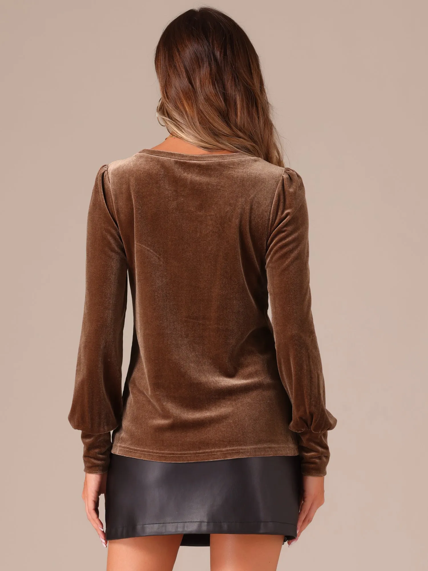 Velvet Round Neck Puff Long Sleeve Casual Pullover Blouse sold by Allegra K product image thumbnail 3