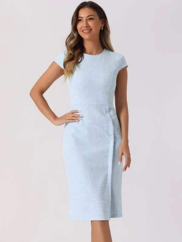 Tweed Crew Neck Cap Sleeve Midi Sheath Dress sold by Allegra K