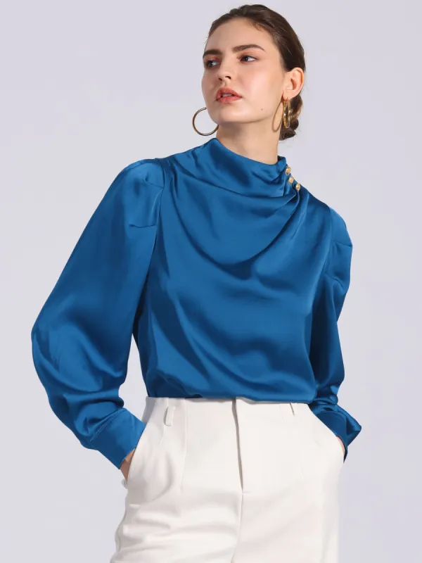 Mock Neck Ruched Button Decor Puff Sleeve Satin Blouse sold by Allegra K