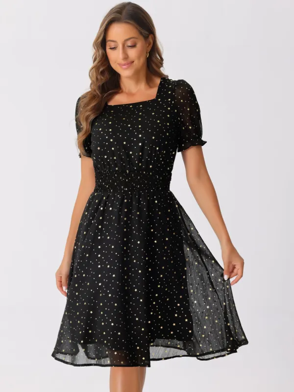 Square Neck Metallic Stars Ruffle Short Sleeve A-Line Smocked Waist Midi Dress sold by Allegra K