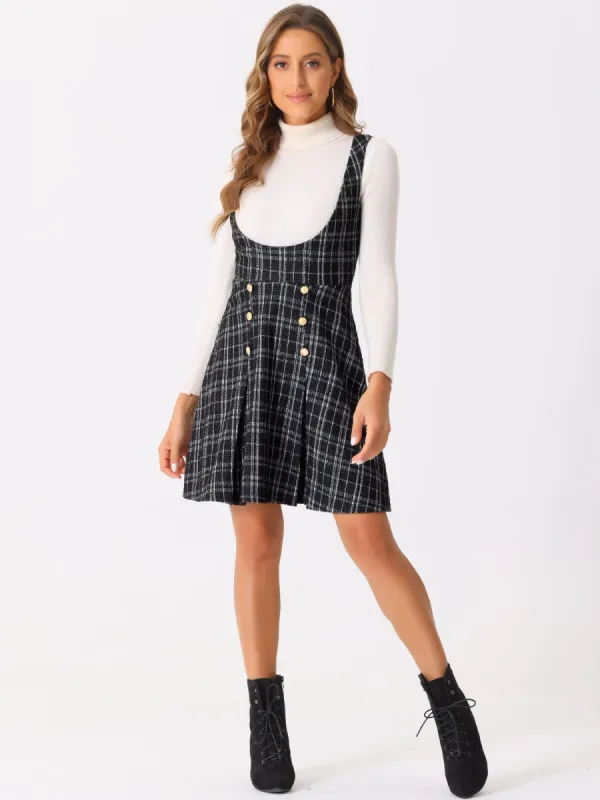 Button Decor U Neck Plaid Tweed Overall Pinafore Dress sold by Allegra K