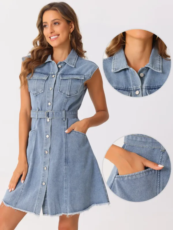 Denim Button Down Lapel Belted A-Line Pockets Mini Shirt Dress sold by Allegra K