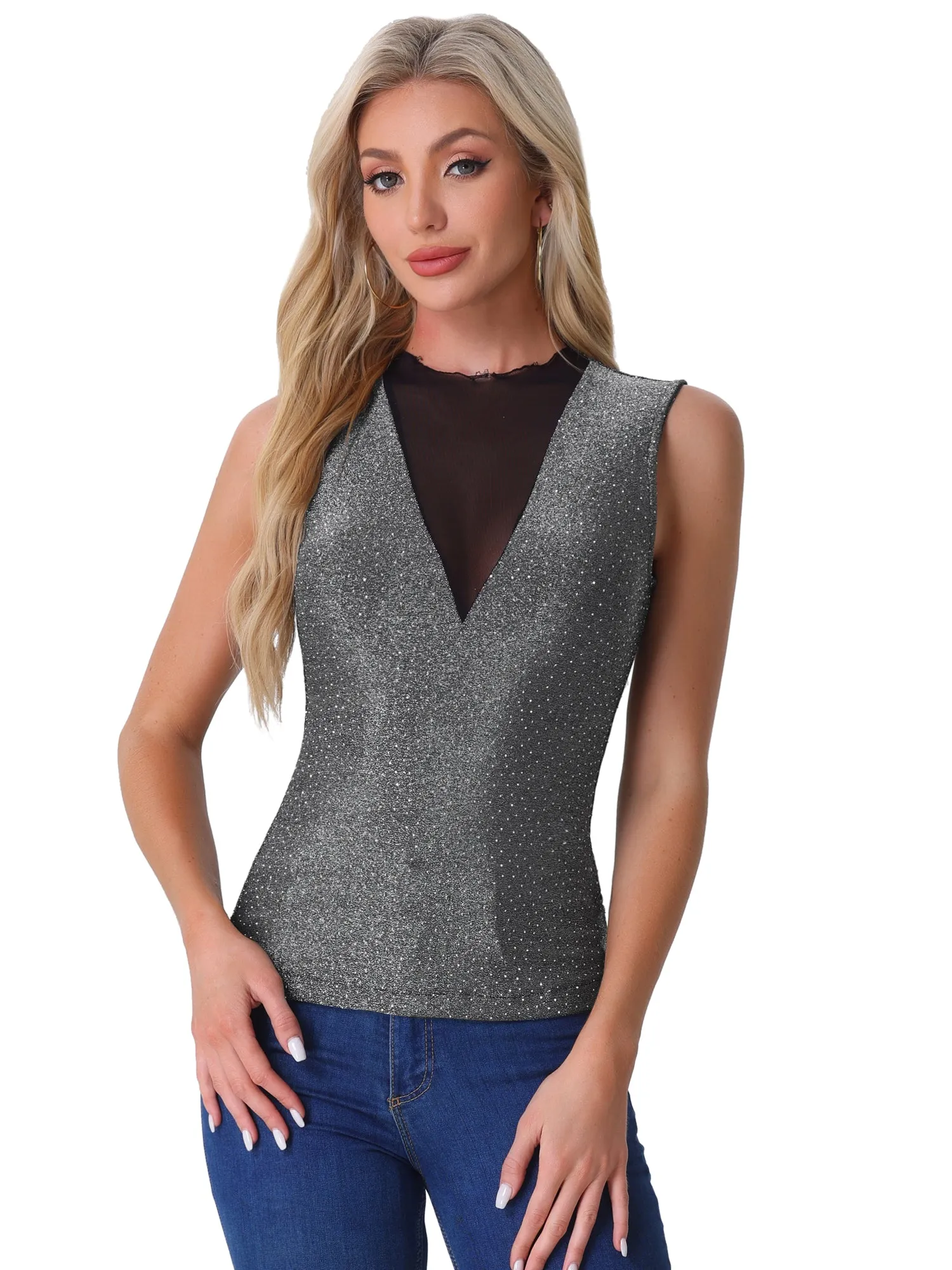 Sleeveless Mesh Patchwork Glitter Party Club Sparkly Tops sold by Allegra K product image thumbnail 4
