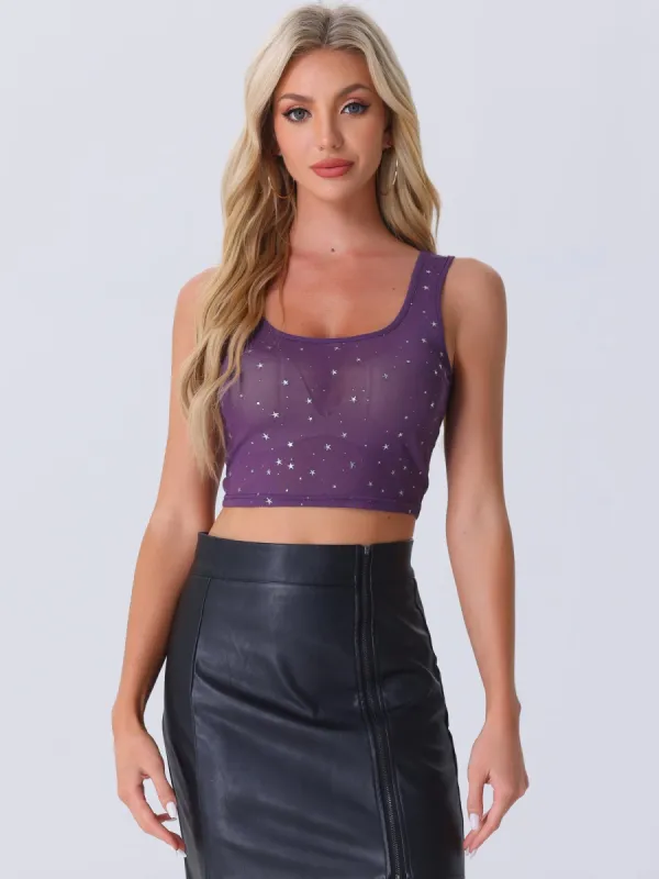 Sheer Mesh Scoop Neck Metallic Stars Sleeveless Party Cropped Top sold by Allegra K