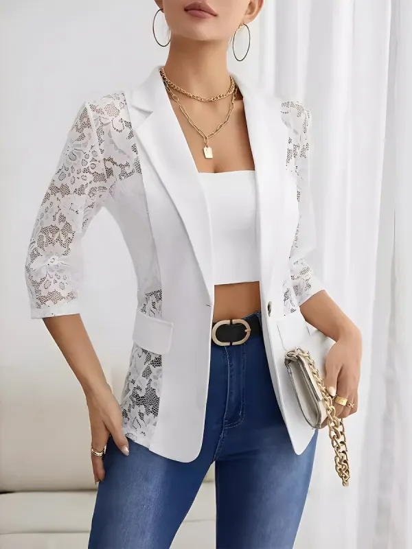 Lace Sheer 3/4 Sleeves Notched Lapel One Button Blazer made by Allegra K
